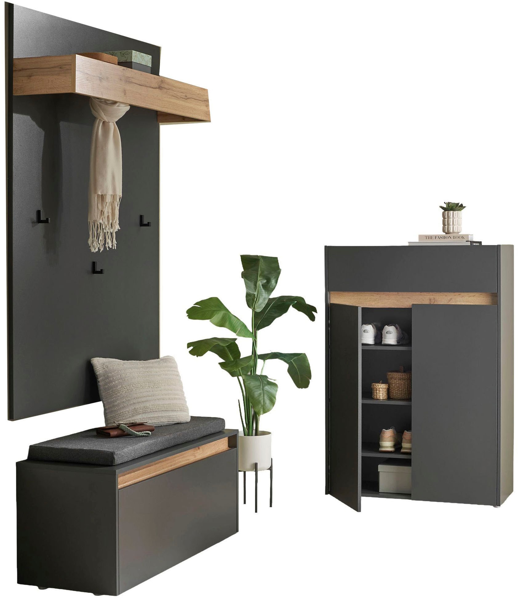 INOSIGN Garderoben-Set »City/Giron, moderne Garderobe, viel Stauraum, ca. 24 Schuhe«, (Set, 3 St.), enthält Schuhschrank, Garderobenpaneel & Garderobenbank mit Sitzkissen