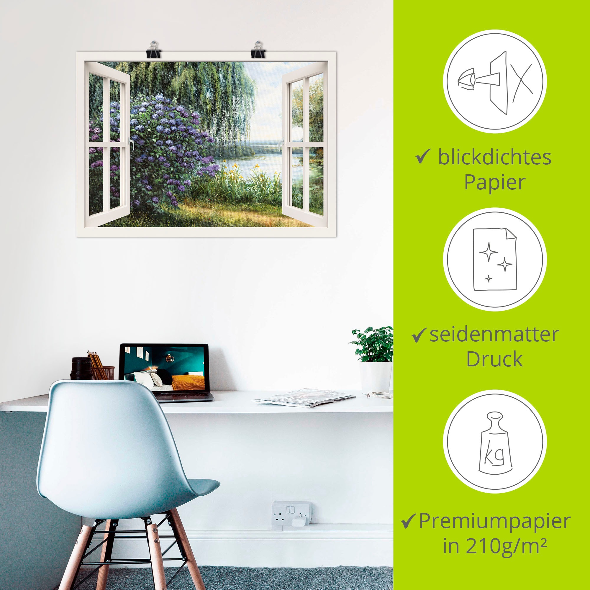 Artland Wandbild »Hortensien am See«, Fensterblick, (1 St.), als Leinwandbild, Poster, Wandaufkleber in verschied. Größen