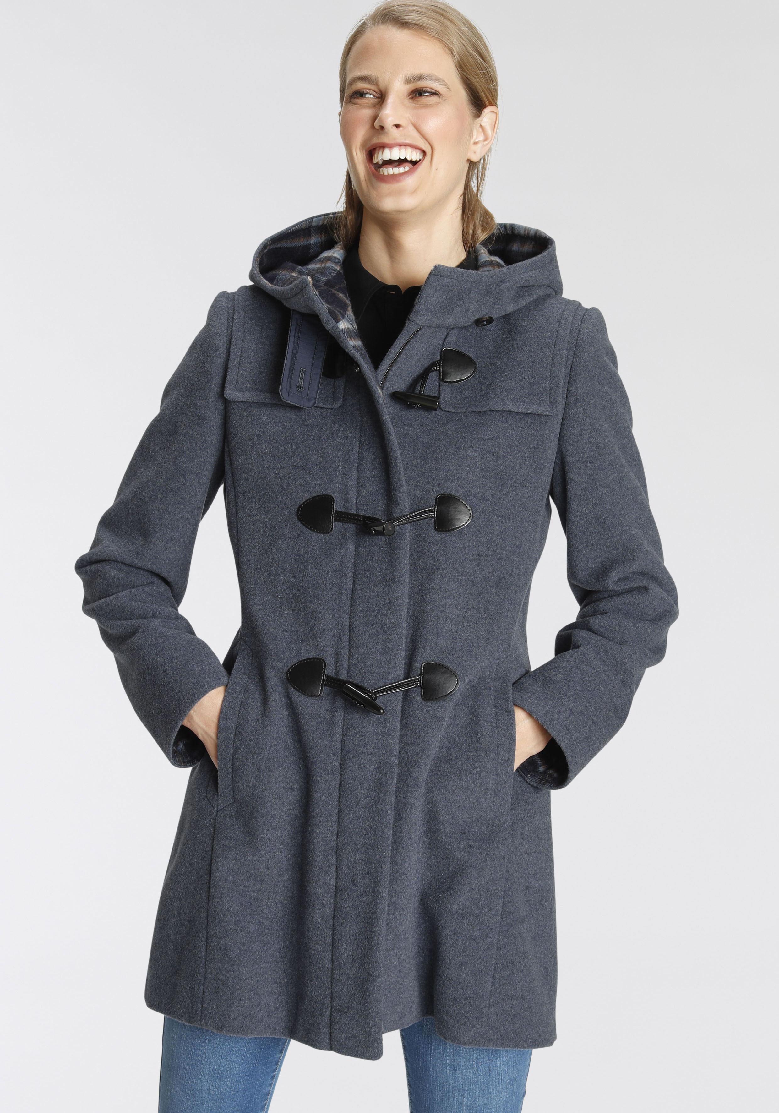 Dufflecoat, mit hohem Wollanteil und kariertem Kapuzenfutter, Made in Europe