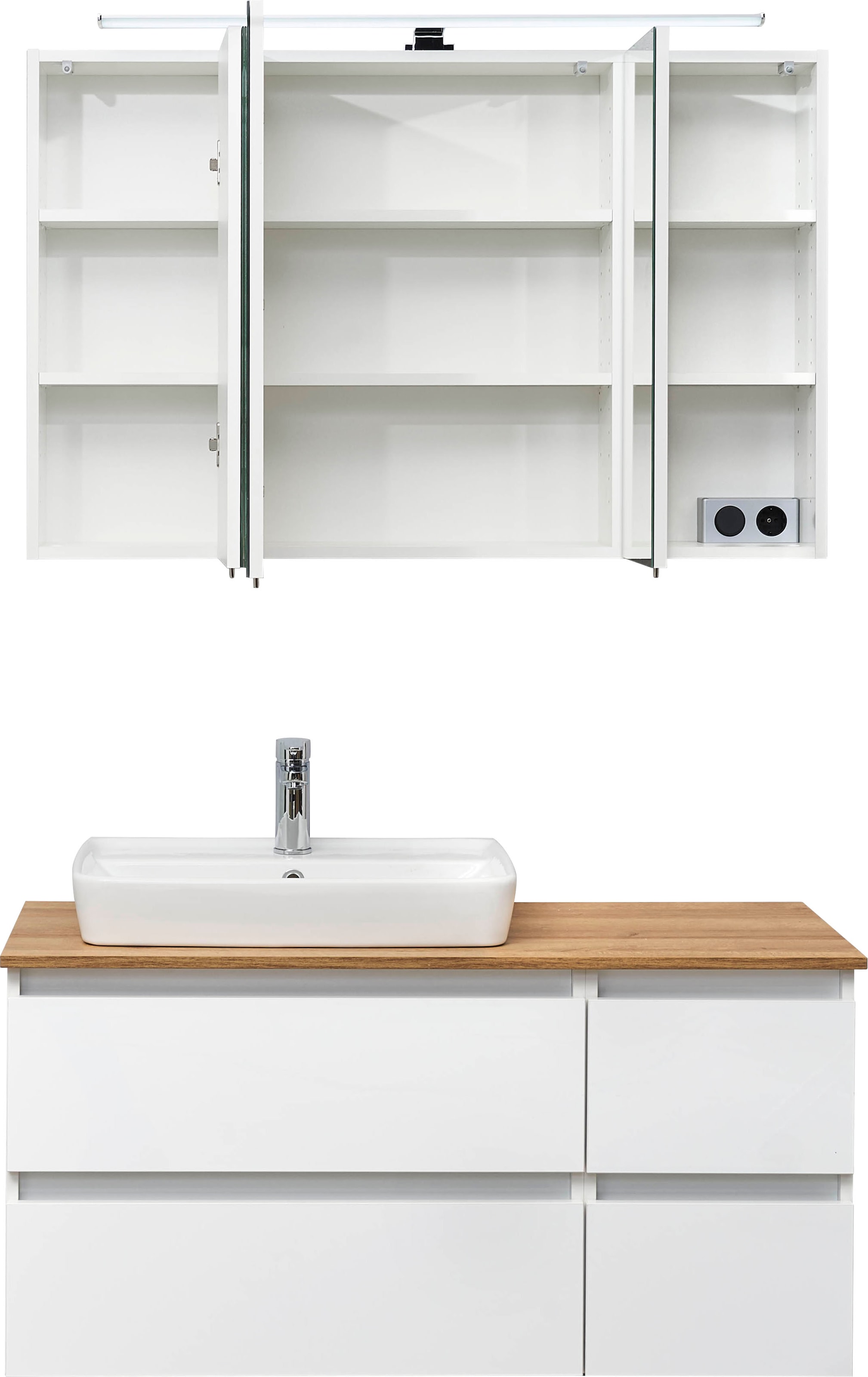Saphir Badmöbel-Set »Quickset 360 2-teilig, Keramik-Aufsatzbecken mit LED-Spiegelschrank«, (2 St.), Waschtischplatte, 115 cm breit, Weiß Glanz, 3 Türen, 4 Schubladen