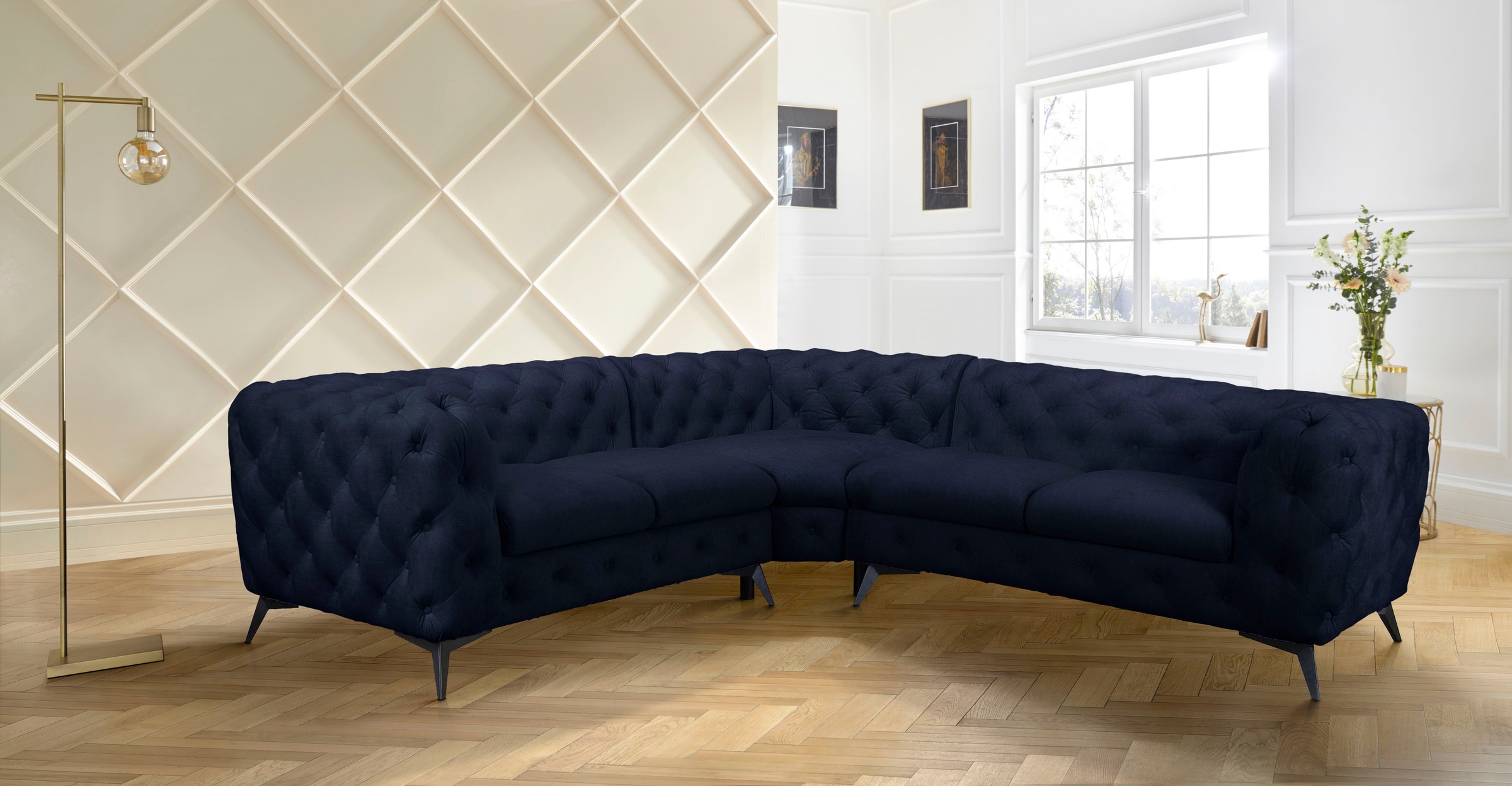 Leonique Chesterfield-Sofa »Ecksofa GLYNIS L-Form mit Wellenunterfederung, Maße B/T/H 264/264/75cm«, aufwändige Knopfheftung, moderne Chesterfield Optik, Fußfarbe wählbar