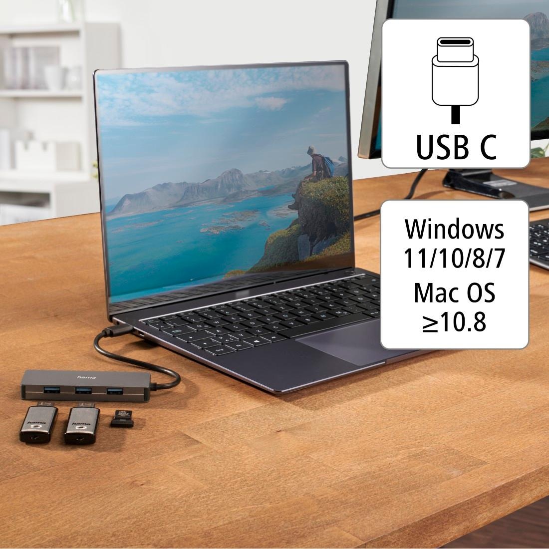 Hama USB-Adapter »USB-C Multiport Hub für Laptop mit 4 Ports, USB-A, USB-C, silberfarben«, USB-C zu USB Typ A-USB-C, 15 cm, Laptop Dockingstation, USB Adapter, robustes Aluminiumgehäuse, kompakt