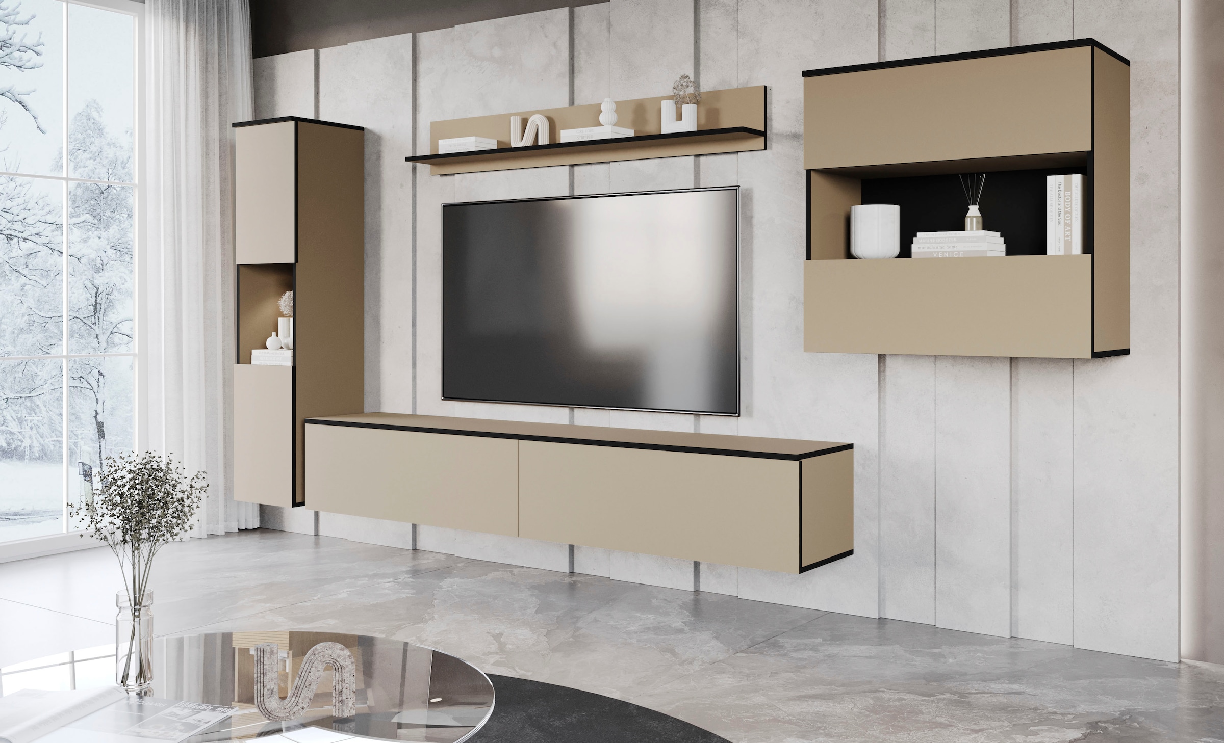 INOSIGN Wohnwand »PARIS«, (Komplett-Set, 4 St.), TV-Wand 300cm breite, grifflose Design, stehend und hängend montierbar