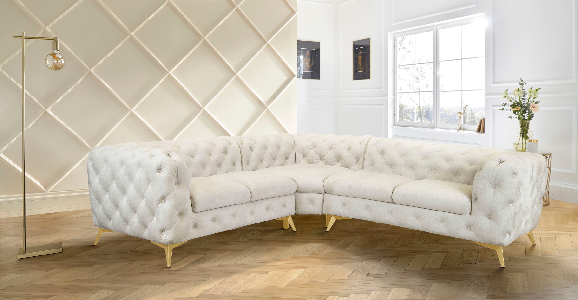Leonique Chesterfield-Sofa »Ecksofa GLYNIS L-Form mit Wellenunterfederung, Maße B/T/H 264/264/75cm«, aufwändige Knopfheftung, moderne Chesterfield Optik, Fußfarbe wählbar