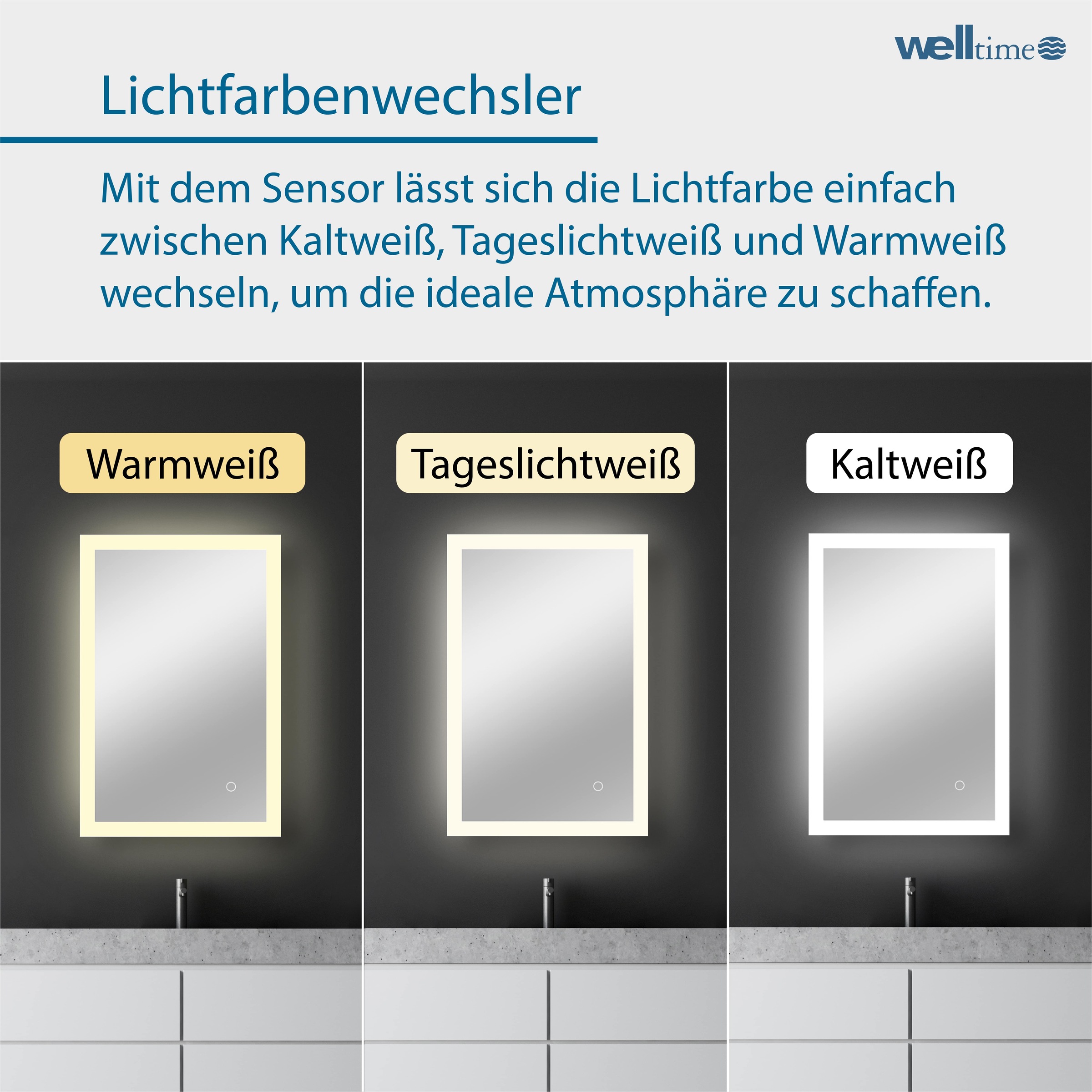 welltime LED-Lichtspiegel »Harmony«, mit Lichtfarbenwechsler und Dimmschalter, in verschiedenen Größen
