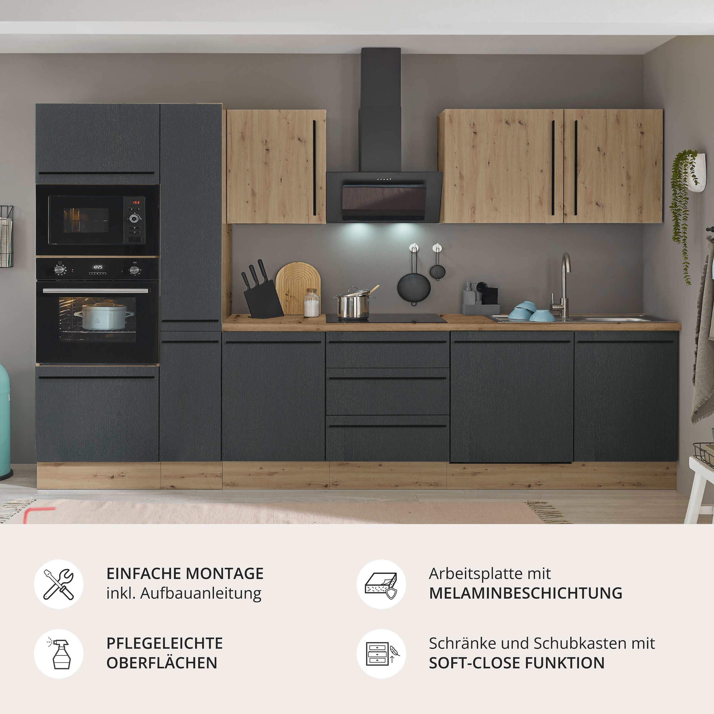 KOCHSTATION Küchenzeile »Florida« Breite 310 cm, wahlweise mit E-Geräten,Softclose für Türen/Schubkästen