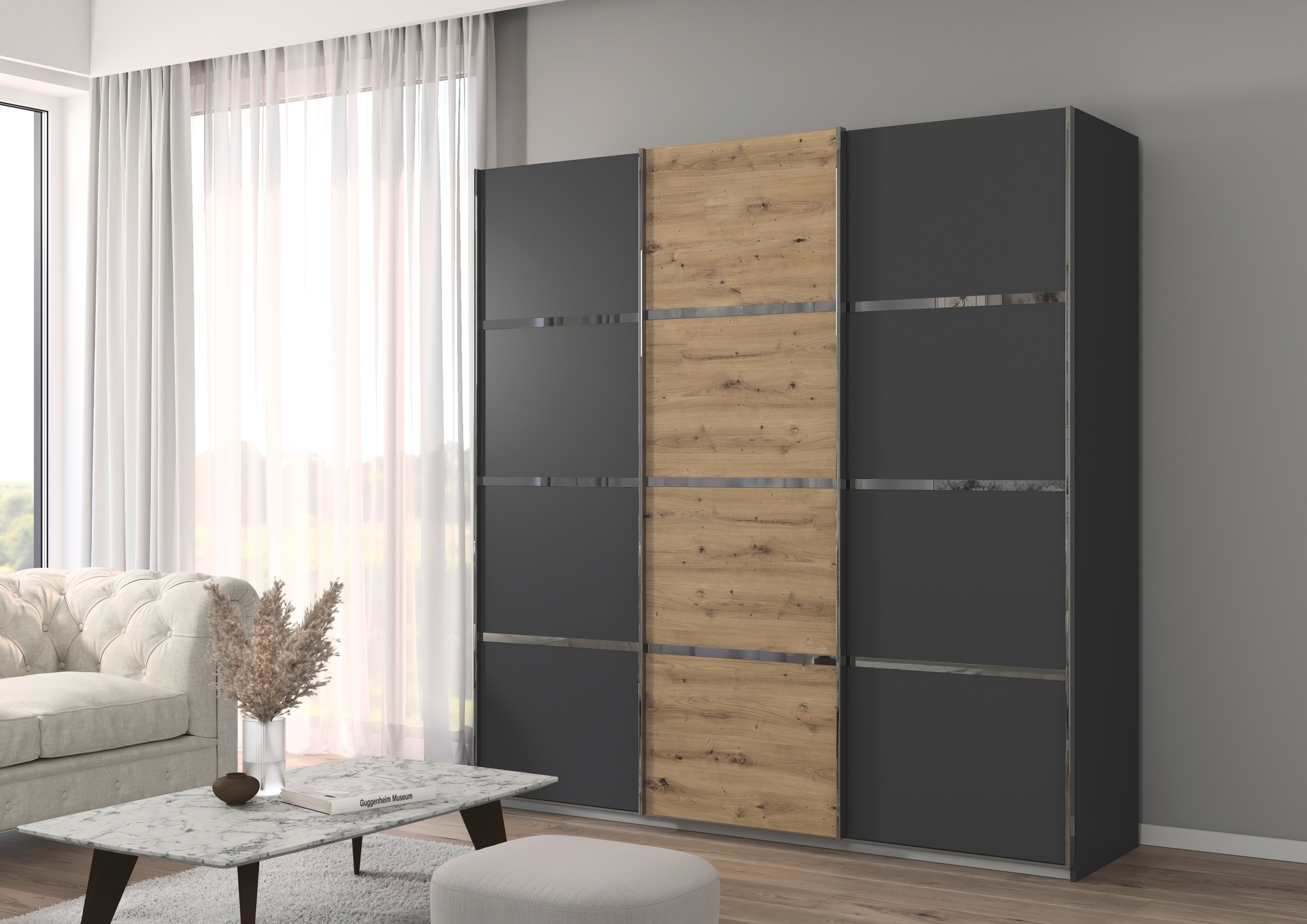 rauch Kleiderschrank »Schwebetürenschrank OTTO´s Choice Garderobe Schrank TOP ANGEBOT Avola«, (in 3 verschiedenen Ausstattungen BASIC/CLASSIC/PREMIUM), mit eleganten Zierleisten in Chrom, Schwarz oder Weiß MADE IN GERMANY