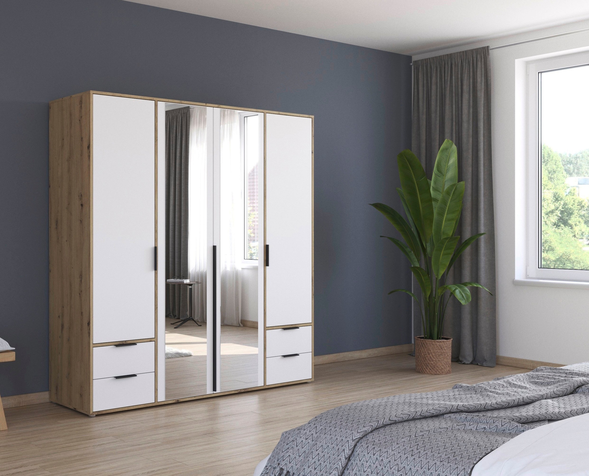 rauch Drehtürenschrank »Kleiderschrank Schrank Garderobe Wäscheschrank NAGATA mit Spiegel«, (in 3 verschiedenen Ausstattungen BASIC/CLASSIC/PREMIUM), und Schubladen sowie Stangengriffen TOPSELLER MADE IN GERMANY