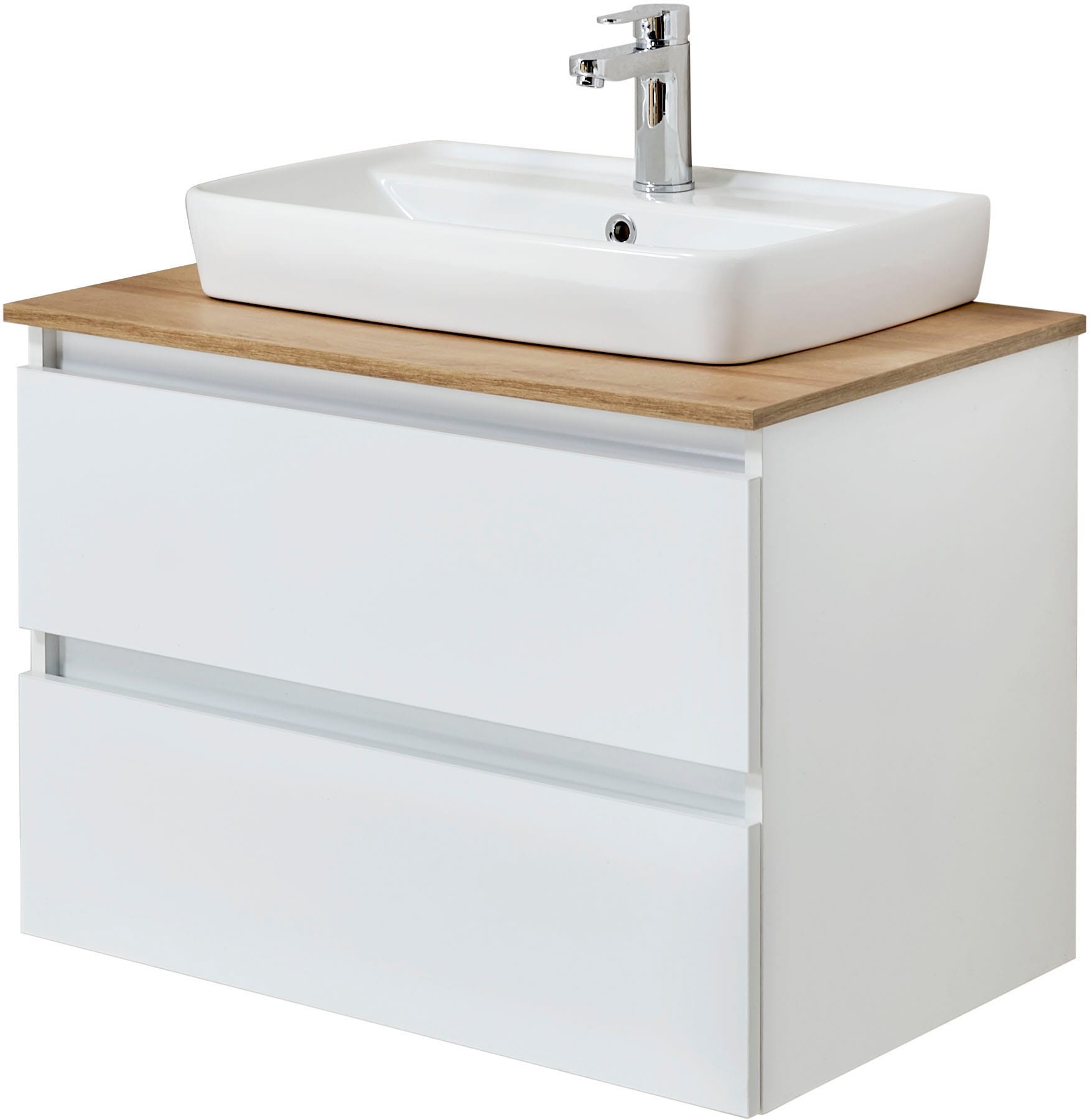 Saphir Badmöbel-Set »Quickset 360 2-teilig, Keramik-Aufsatzbecken mit LED-Spiegel«, (4 St.), Waschplatz 78 cm breit, 2 Schubladen, inkl. Schubladendämpfer
