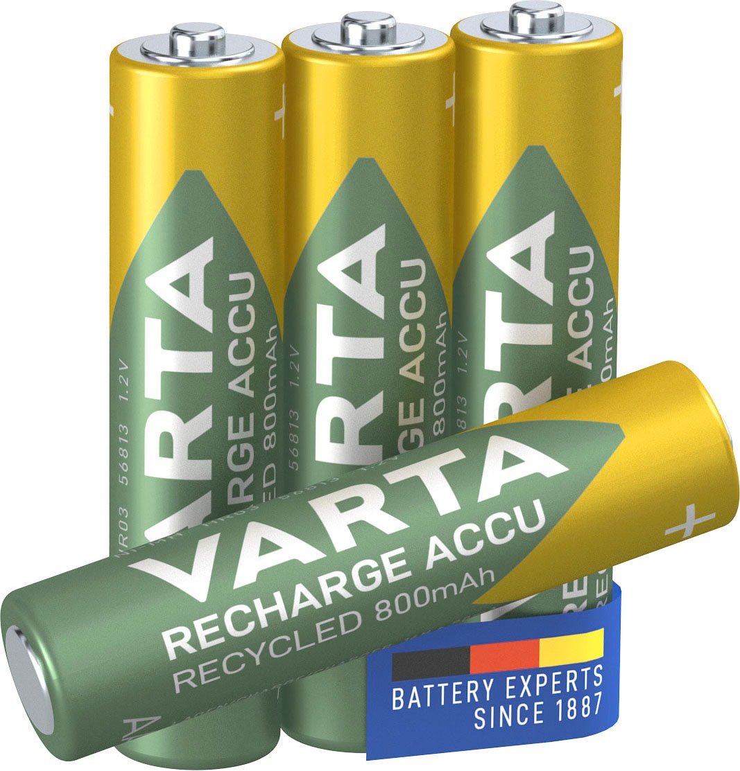 VARTA wiederaufladbare Batterien »wiederauflaudbare Akkus«, Akku Ni-MH - 4 ohne Micro Accu recyceltem VARTA St.), 11% 1,2 Recycled, vorgeladener (4er - wiederaufladbar Memory (Packung, Material Pack, aus Recharge 800mAh) AAA V, Ready-To-Use