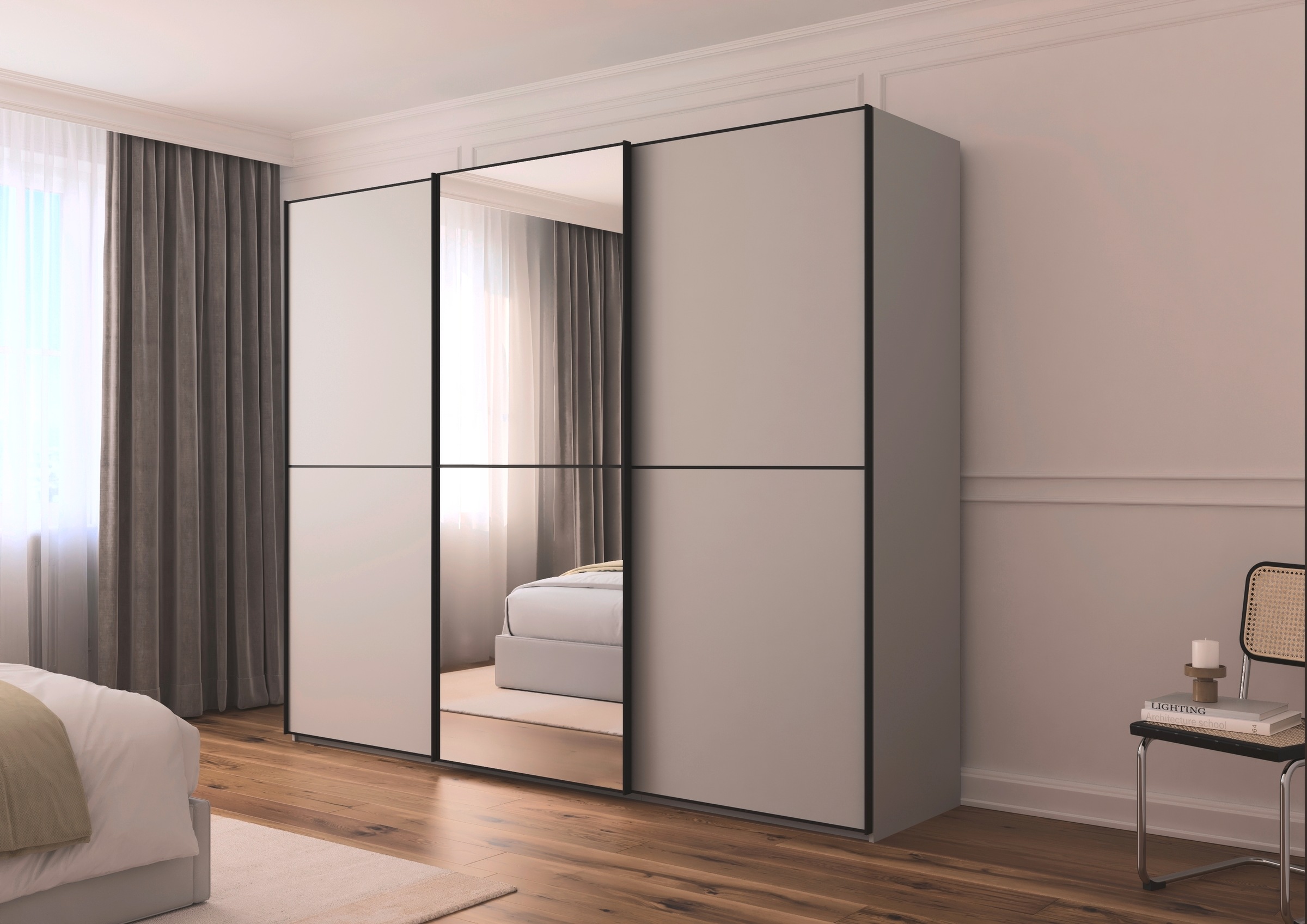 rauch Schwebetürenschrank »Kleiderschrank Schrank Garderobe Schlafzimmerschrank SCALE-DUO«, edle zweigeteilte Türen, Spiegel und 3 Zierleisten MADE IN GERMANY