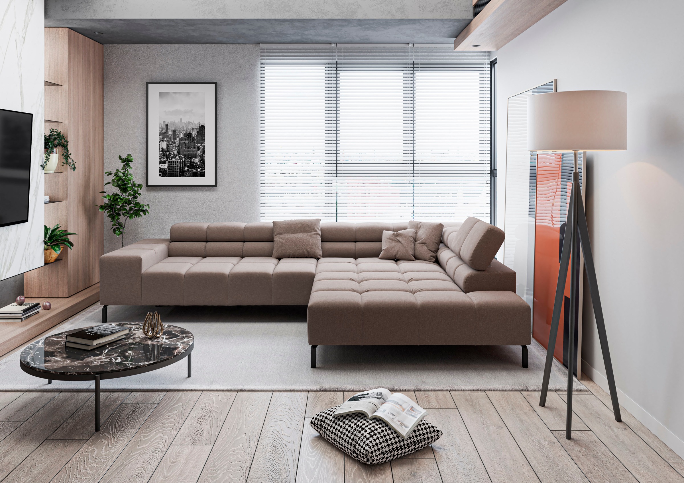 INOSIGN Ecksofa »Ancona New, wahlweise motorische Sitztiefenverstellung, auch in Cord«, feine Steppung, mit Kopfteilverstellung, 3 Zierkissen, L-Form