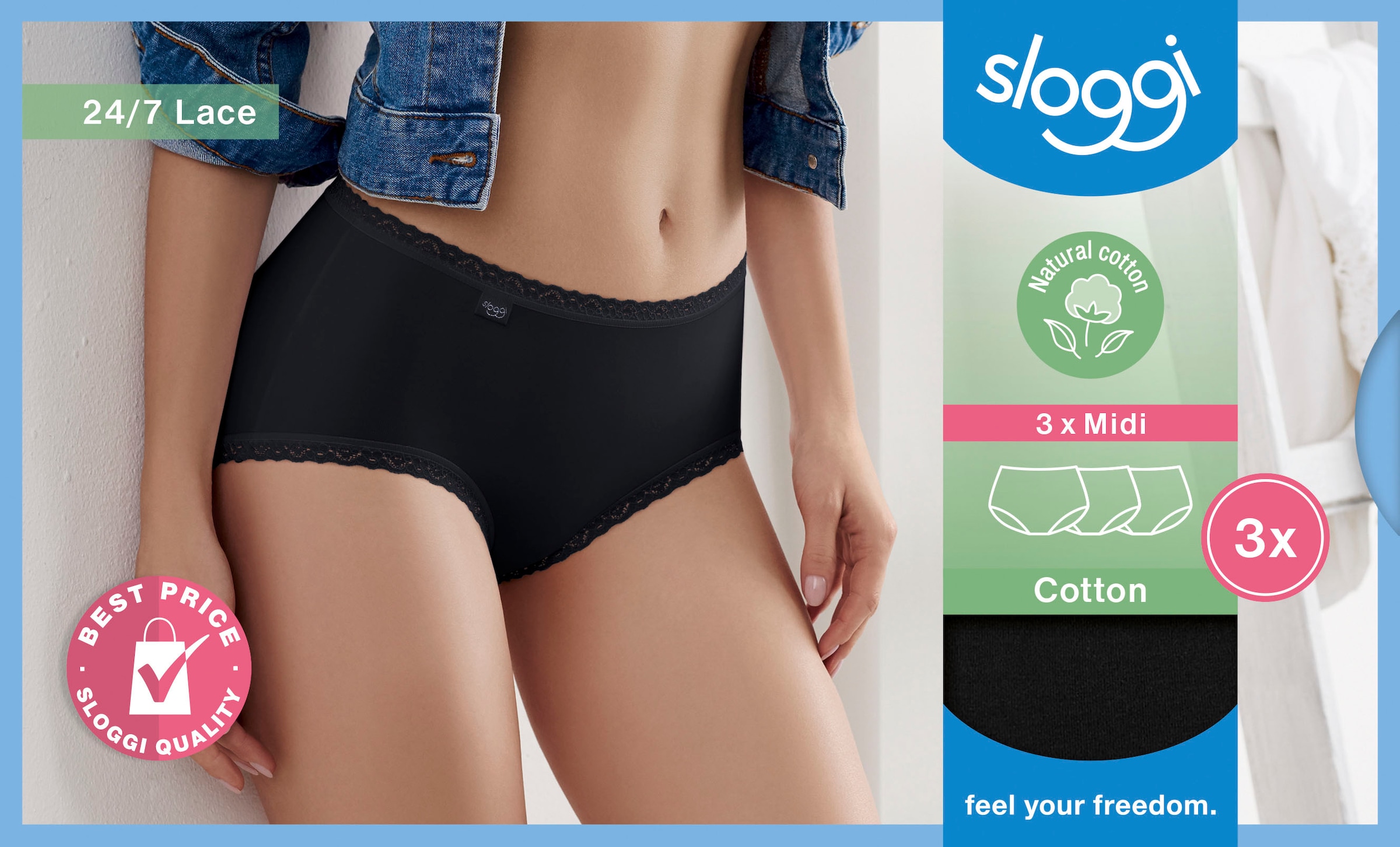 sloggi Midislip »24/7 Cotton Lace Midi C3P«, (3er Pack), mit zarter Spitze und hohem Baumwollanteil