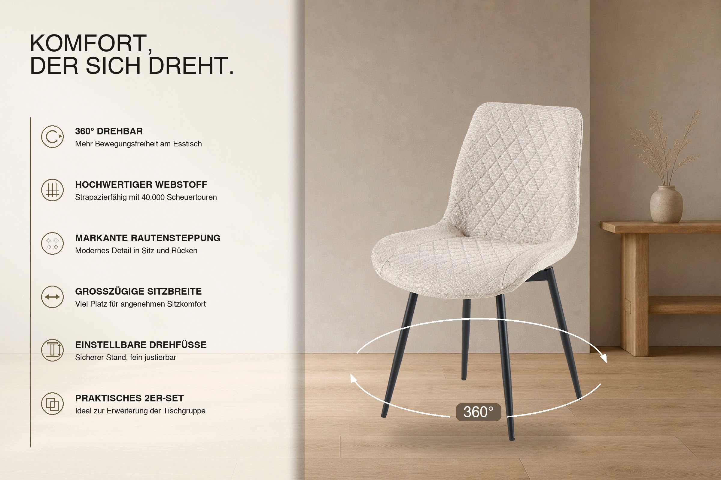 OTTO home Esszimmerstuhl »Juniper« () 2 Stk.Stuhl aus Webstoff mit moderner Rautensteppung und 360° Drehfunktion