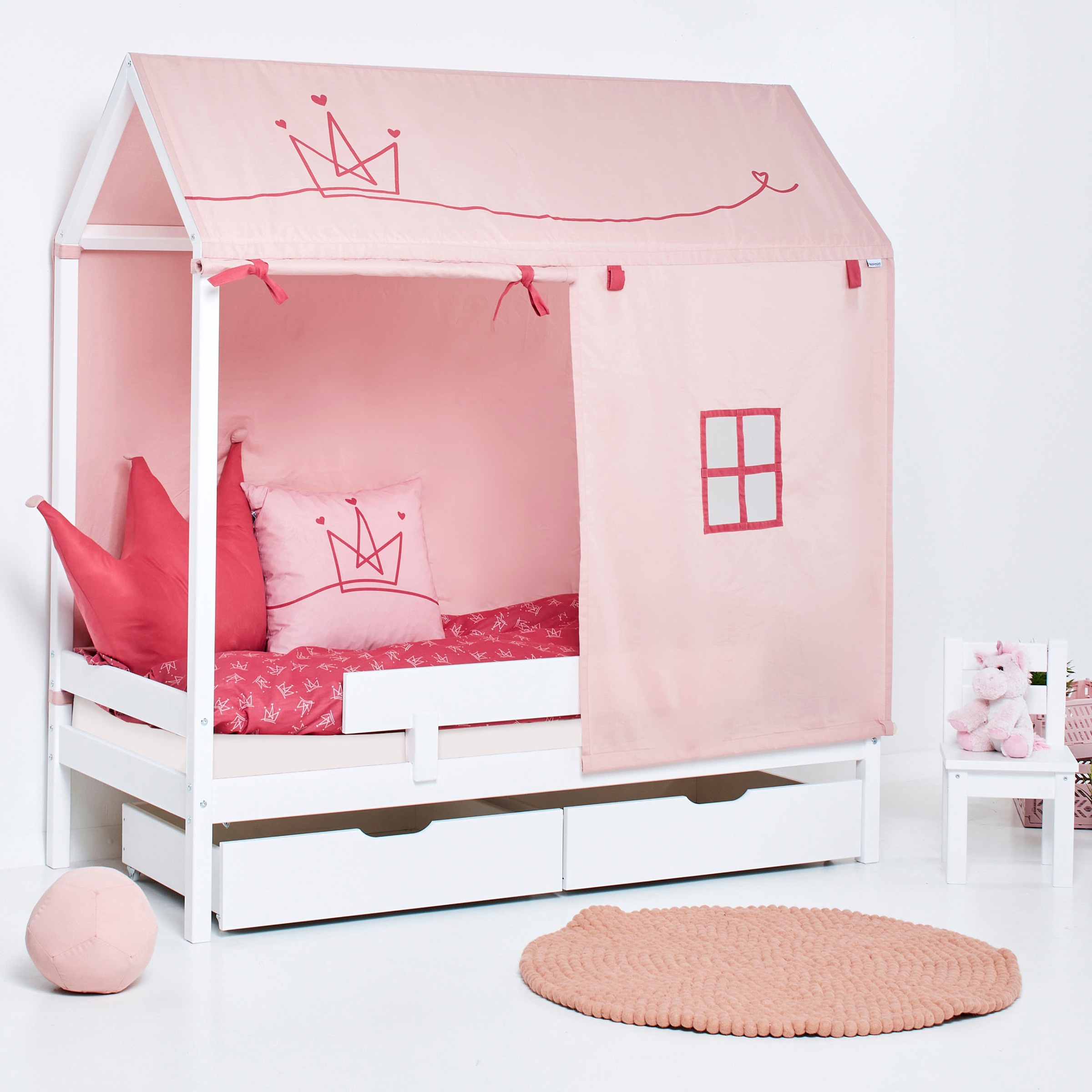Kinderbett „ECO Dream“, Hausbett mit Dach und Zubehör, weiß mit Absturzsicherung