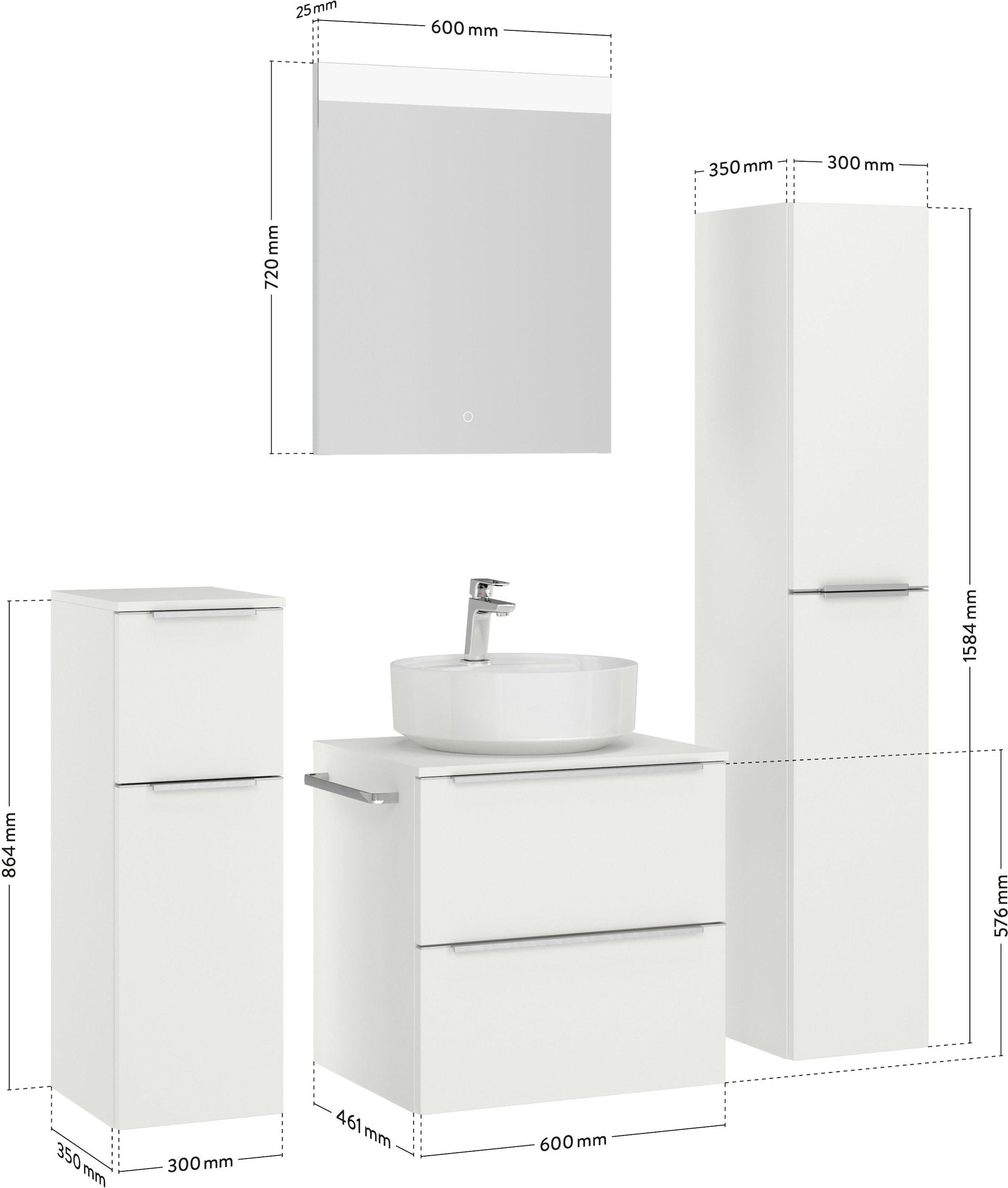 nobilia® Badmöbel-Set »Alvene«, (4 St., vormontiert, mit Soft-Close), inkl. Spiegel mit Touch-Sensor, in vier Breiten