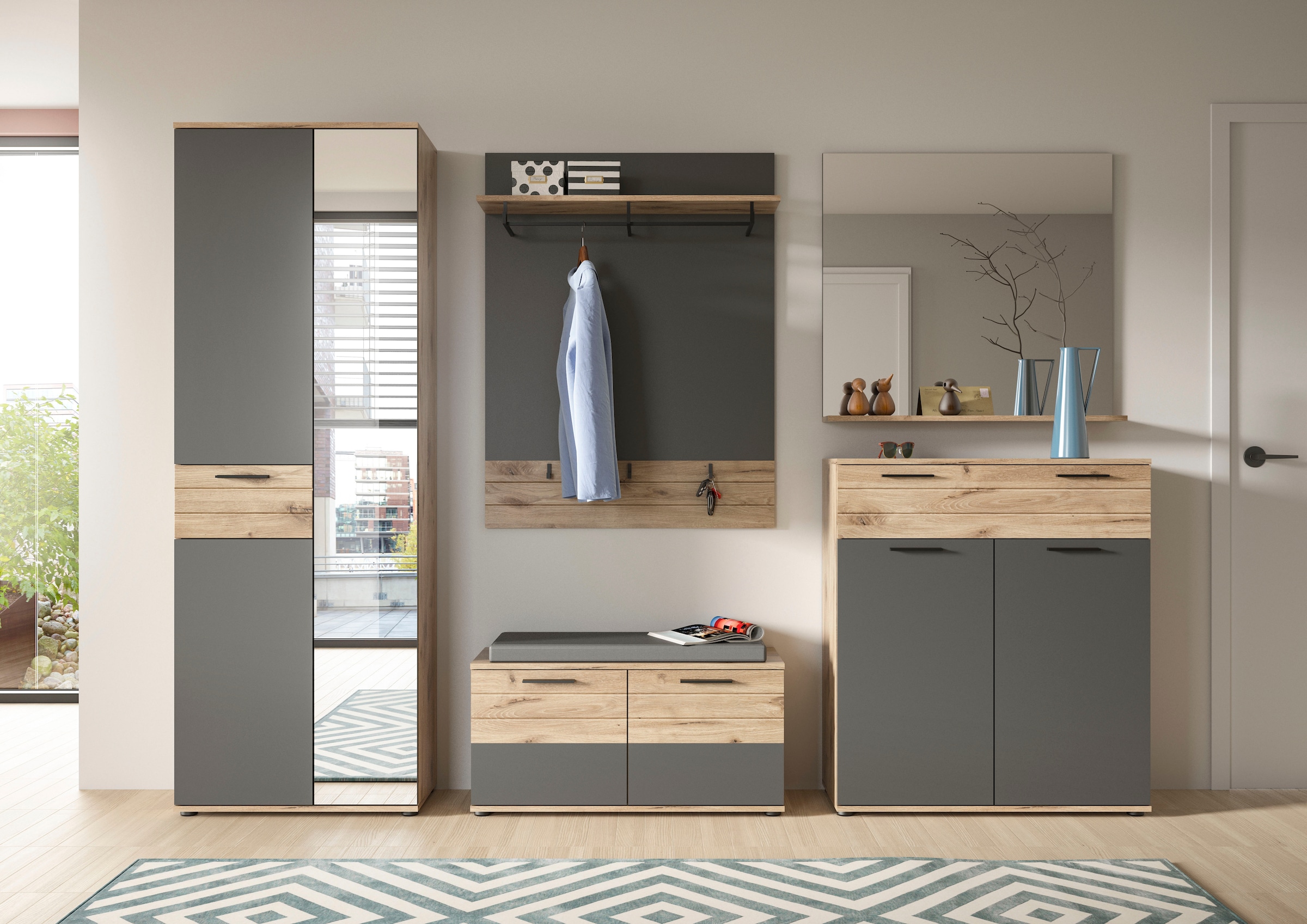 INOSIGN Garderoben-Set »Riga, Breite 280 cm, hochwertige Rillenfräsung, 5-teilig, best. aus:«, (Set, 5 St.), Garderobenschrank, Sitzbank, Paneel, Garderobenspiegel, Schuhkommode