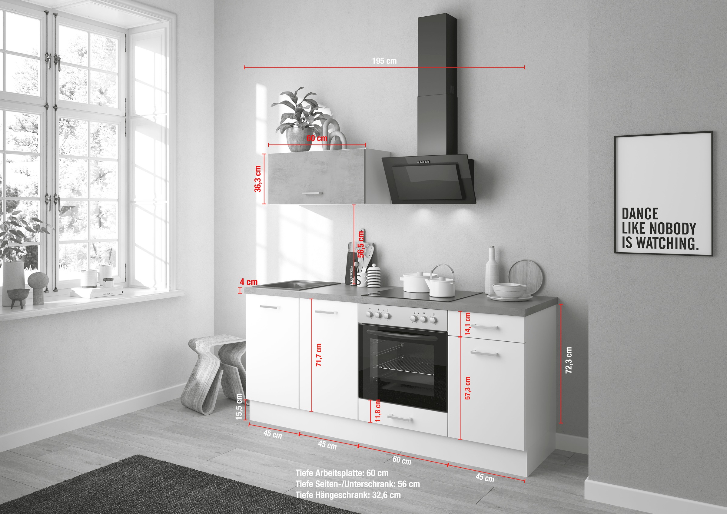 IMPULS KÜCHEN Küchenzeile »"Lissabon", Ausrichtung wählbar, Schubkästen mit Soft-Close,«, (Set), vormontiert, wahlweise mit E-Geräten, mit Vollauszug, Breite 195 cm