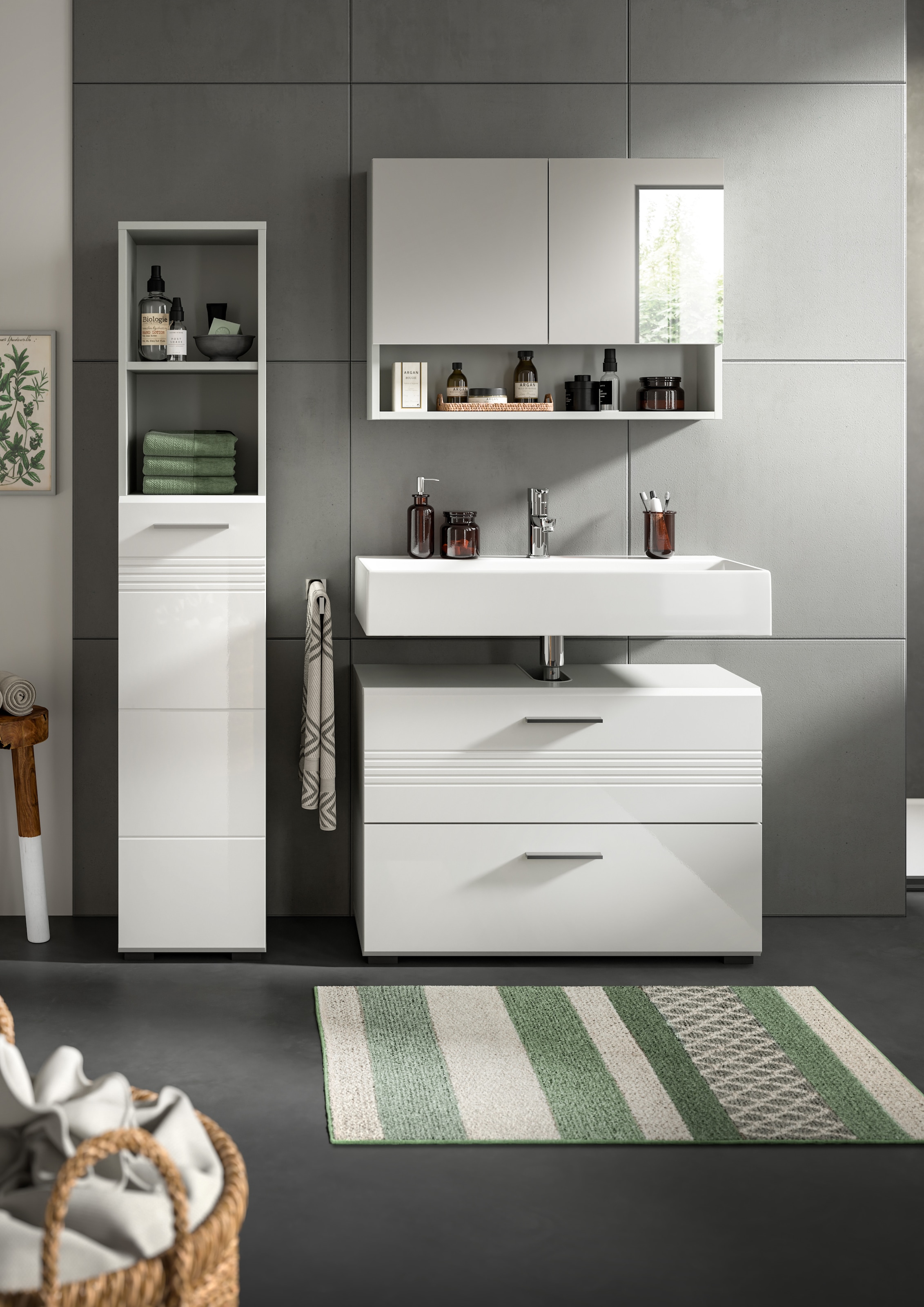 welltime Badmöbel-Set »Calicio, bestehend aus:Waschbeckenunterschrank,Hoch-und Spiegelschrank« 3 Stk. tlg. Spiegelschrank, hochwertige MDF Front mit Rillenfräsung