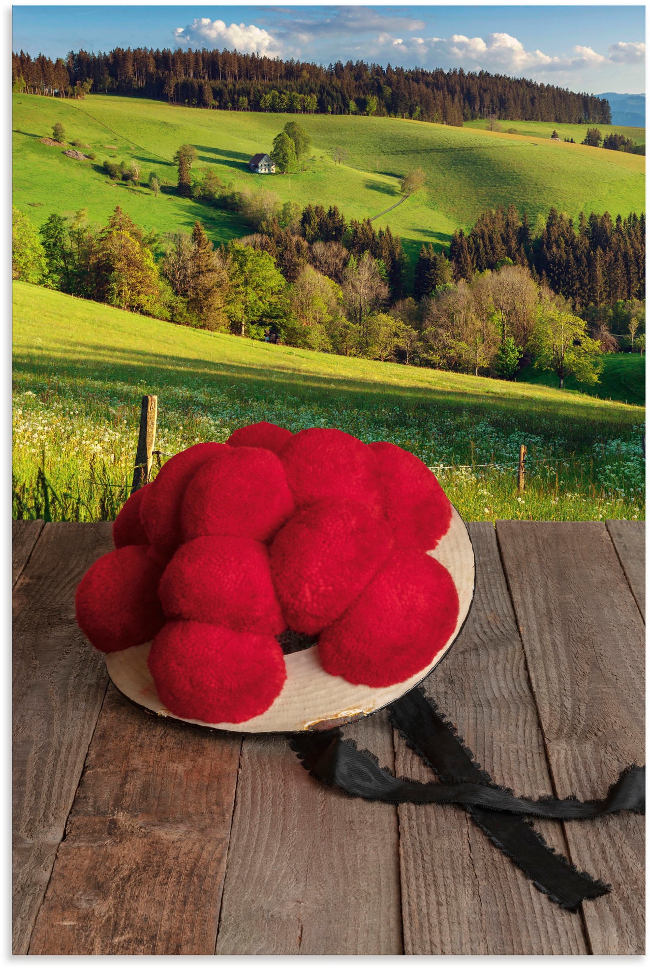 Artland Wandbild »Schwarzwälder Bollenhut auf Holztisch« Wiesen & Baumbilde günstig online kaufen