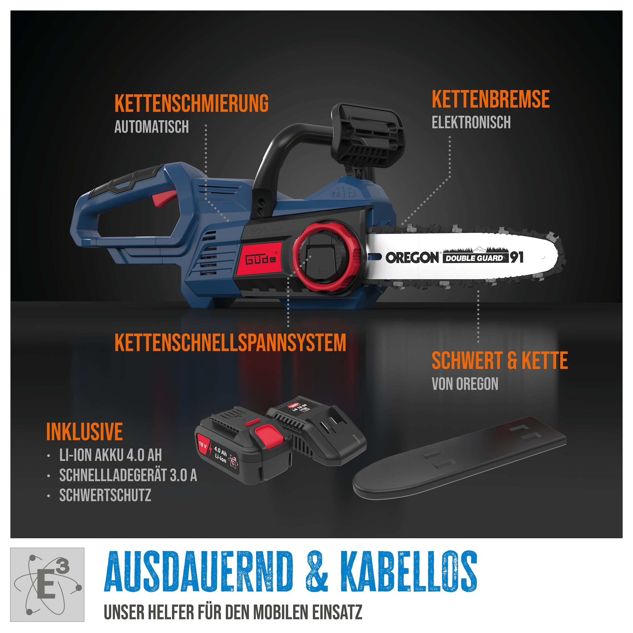 Güde Akku-Kettensäge »»KS 18-401-30««, Inkl. Akku 4Ah und Schnellladegerät 3 A