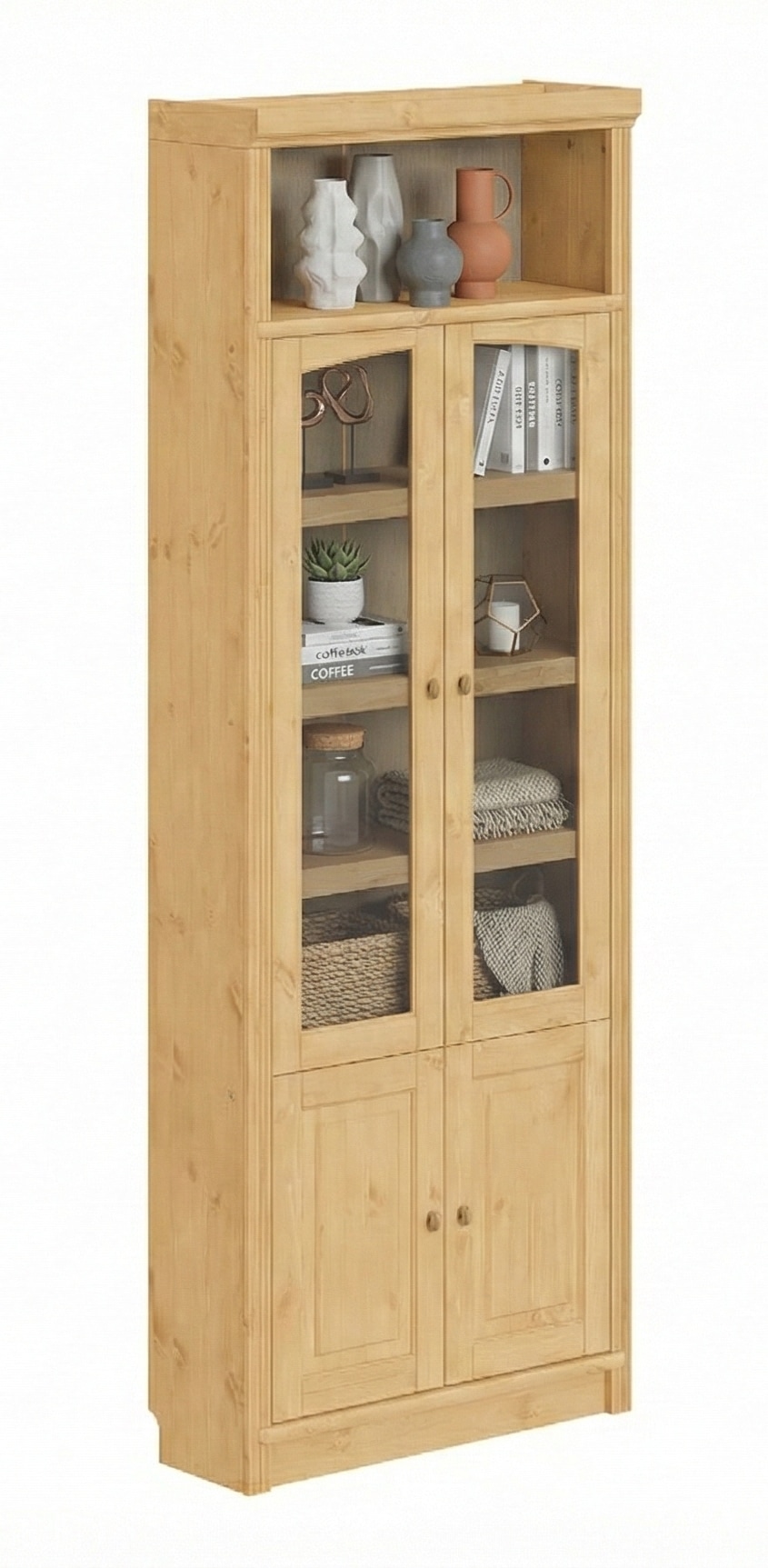 OTTO home Vitrine »Soeren Regal mit 2 Glastüren und 2 Holztüren, B/TH: 80/29/220 cm« Kiefer FSC®-zertifiziert, 1 offenes Fach, 6 Fächer hinter den Türen