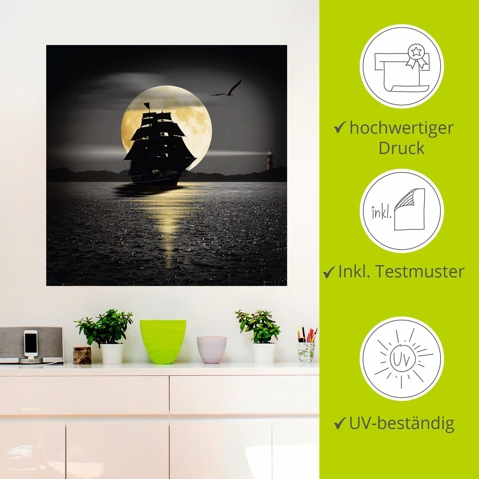 Artland Wandbild »Ein Schiff mit schwarzen Segeln«, Boote & Schiffe, (1 St.), als Leinwandbild, Poster, Wandaufkleber in verschied. Größen