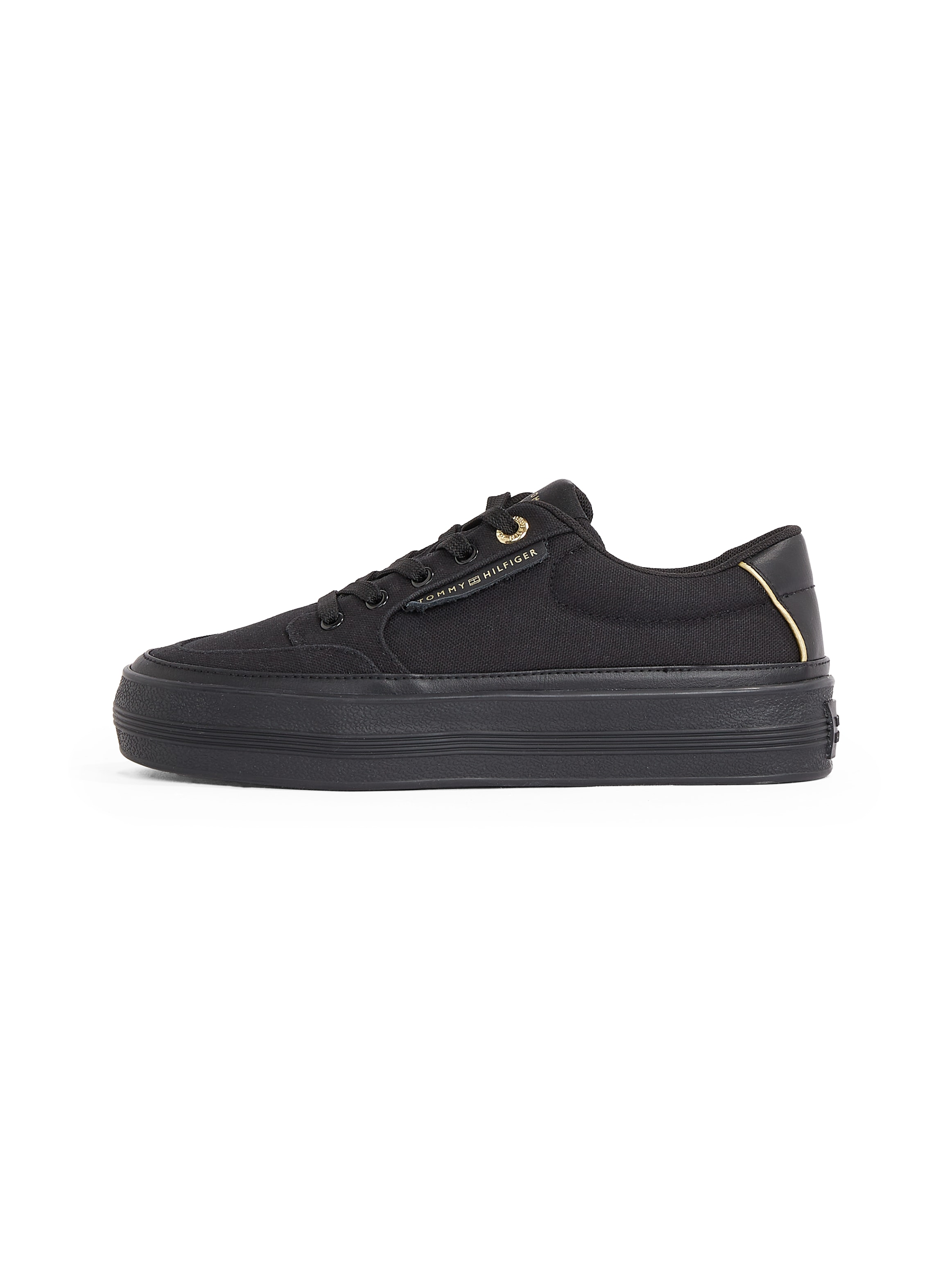 Tommy Hilfiger Plateausneaker »ESSENTIAL VULC TEXTILE SNEAKER«, Freizeitschuh, Halbschuh, Schnürschuh mit goldfarbenen Details