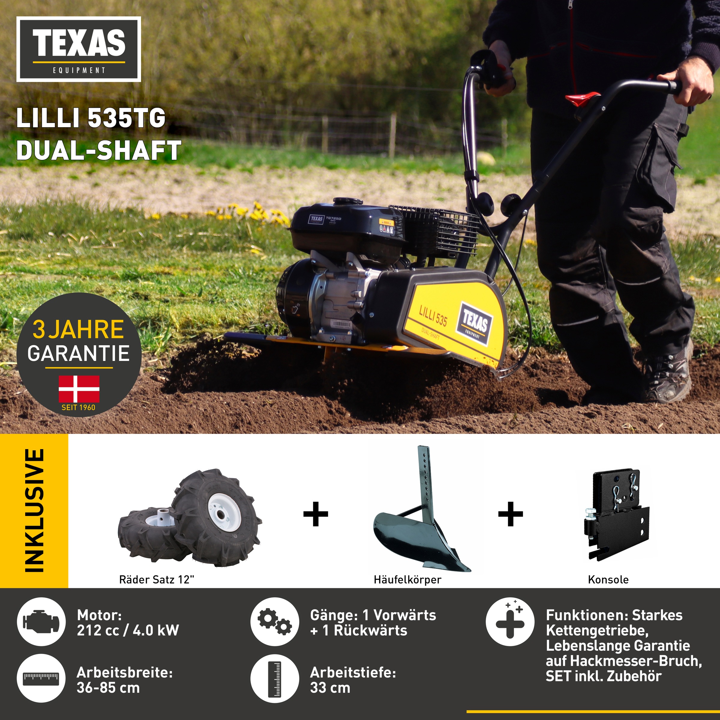 Texas Benzinmotorhacke »SET 535TG«, (Set, 4 St.), 4 kW/5,4 PS, mit Rückwärtsgang und Zubehör für vielseitige Arbeiten