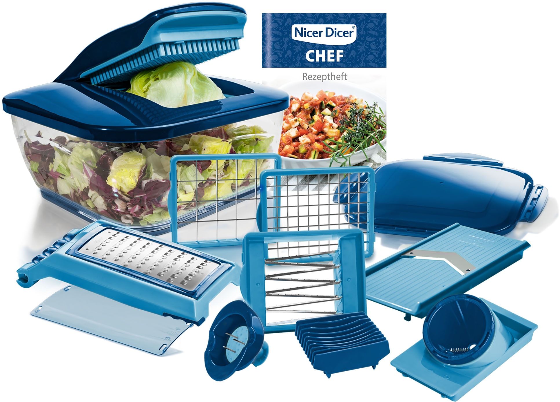 Genius Gemüseschneider »Nicer Dicer Chef, Set 15-tlg., schneiden/reiben, alles mit einem Gerät«, f. Würfel, Stifte, Scheiben, Streifen, Juliettis, Spiralen u. Julienne