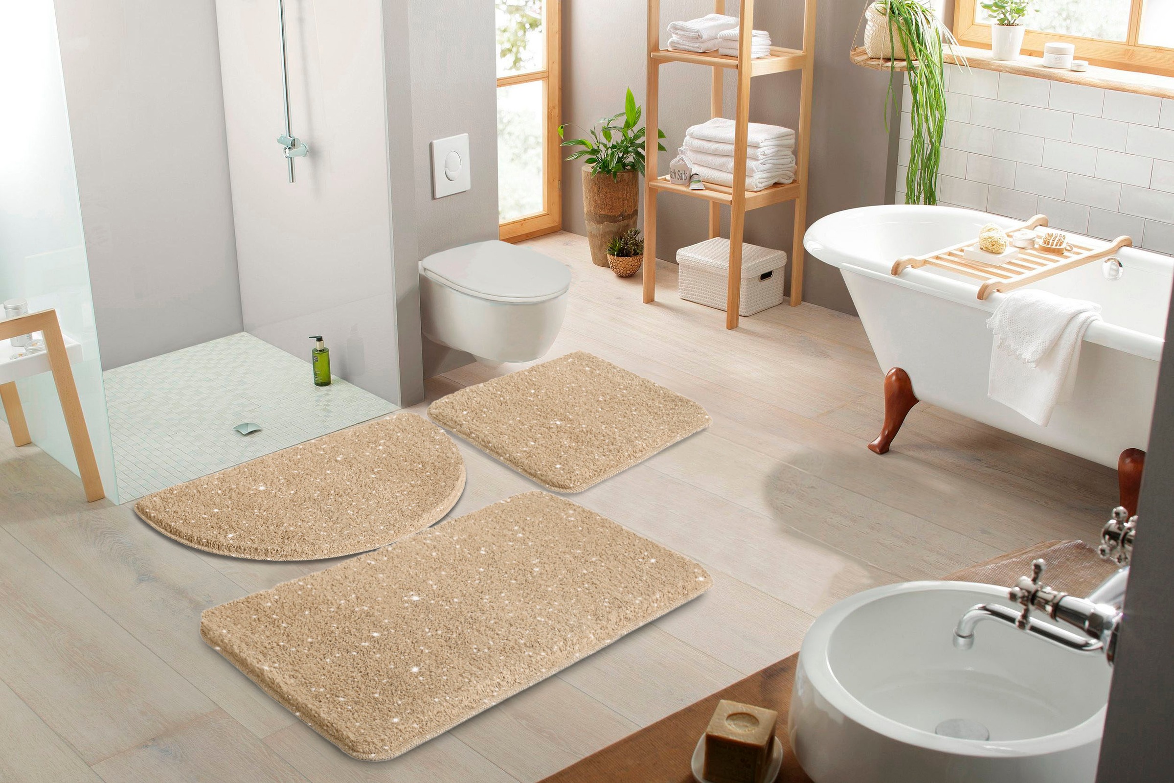 my home Badematte »Glitzer«, rutschhemmend beschichtet, fußbodenheizungsgeeignet-schnell trocknend-strapazierfähig, Badteppich, Akzente durch Glitzer-Garn