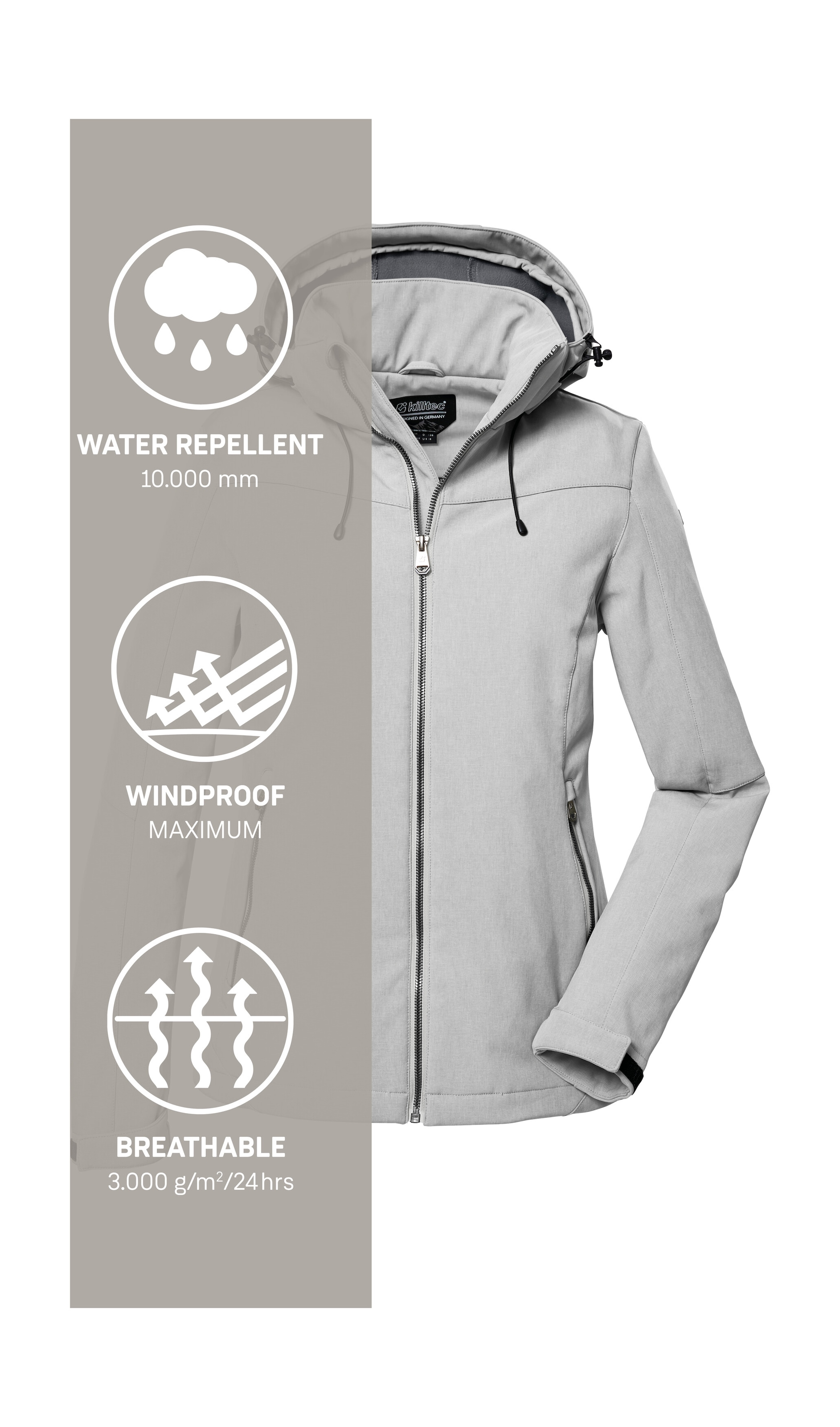 Killtec Softshelljacke »Damen Softshelljacke«, Wasserabweisende, winddichte Softshelljacke mit abnehmbarer Kapuze