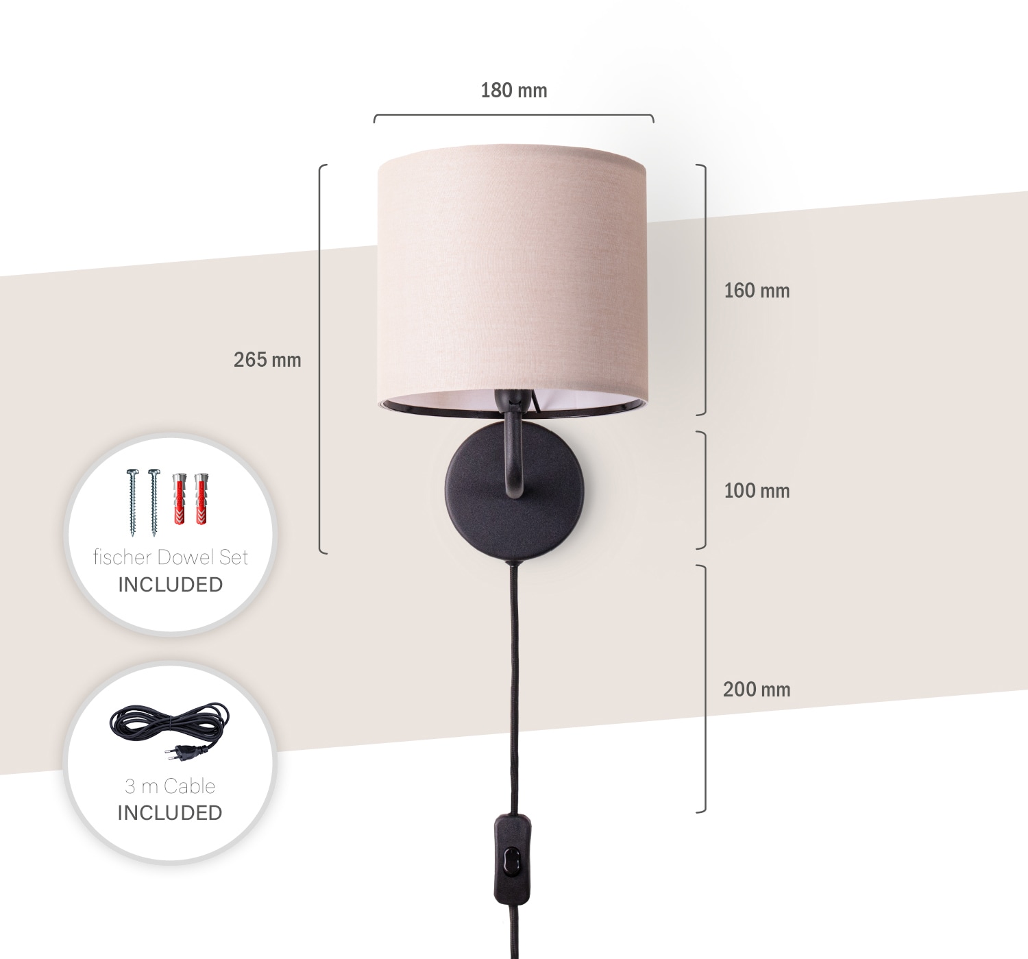 Paco Home Wandleuchte »Uni Color«, 1 flammig, Leuchtmittel E14 | ohne Leuchtmittel, Wandlampe Schalter Flur Wohnzimmer Ø…18cm Unifarben Deko Kabel 3m E14