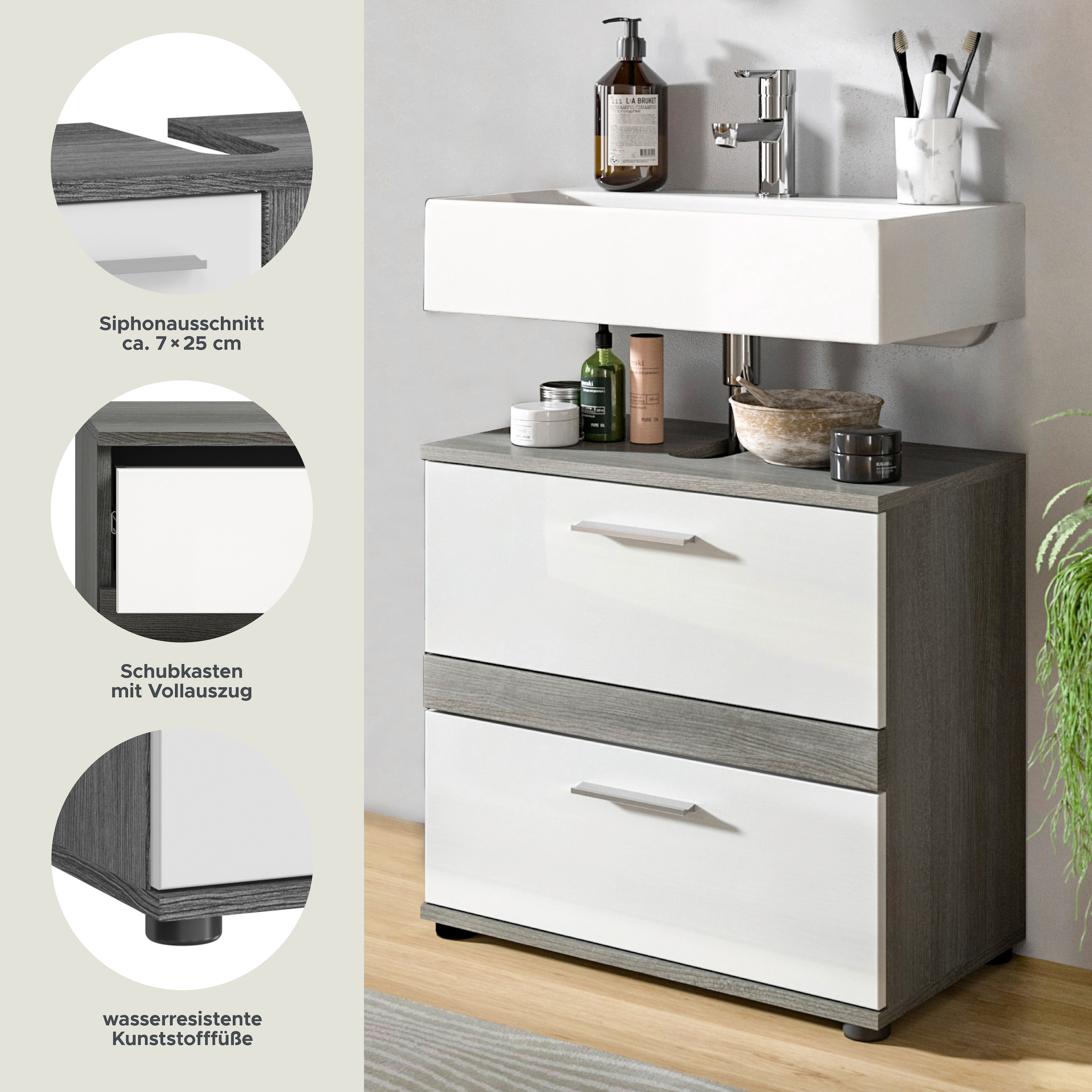 welltime Waschbeckenunterschrank »LUCCA, TOPSELLER!, Breite 60 cm, 2 Schubkästen, hochwertige MDF Front«, Badschrank, Bad-Möbel, Badezimmer