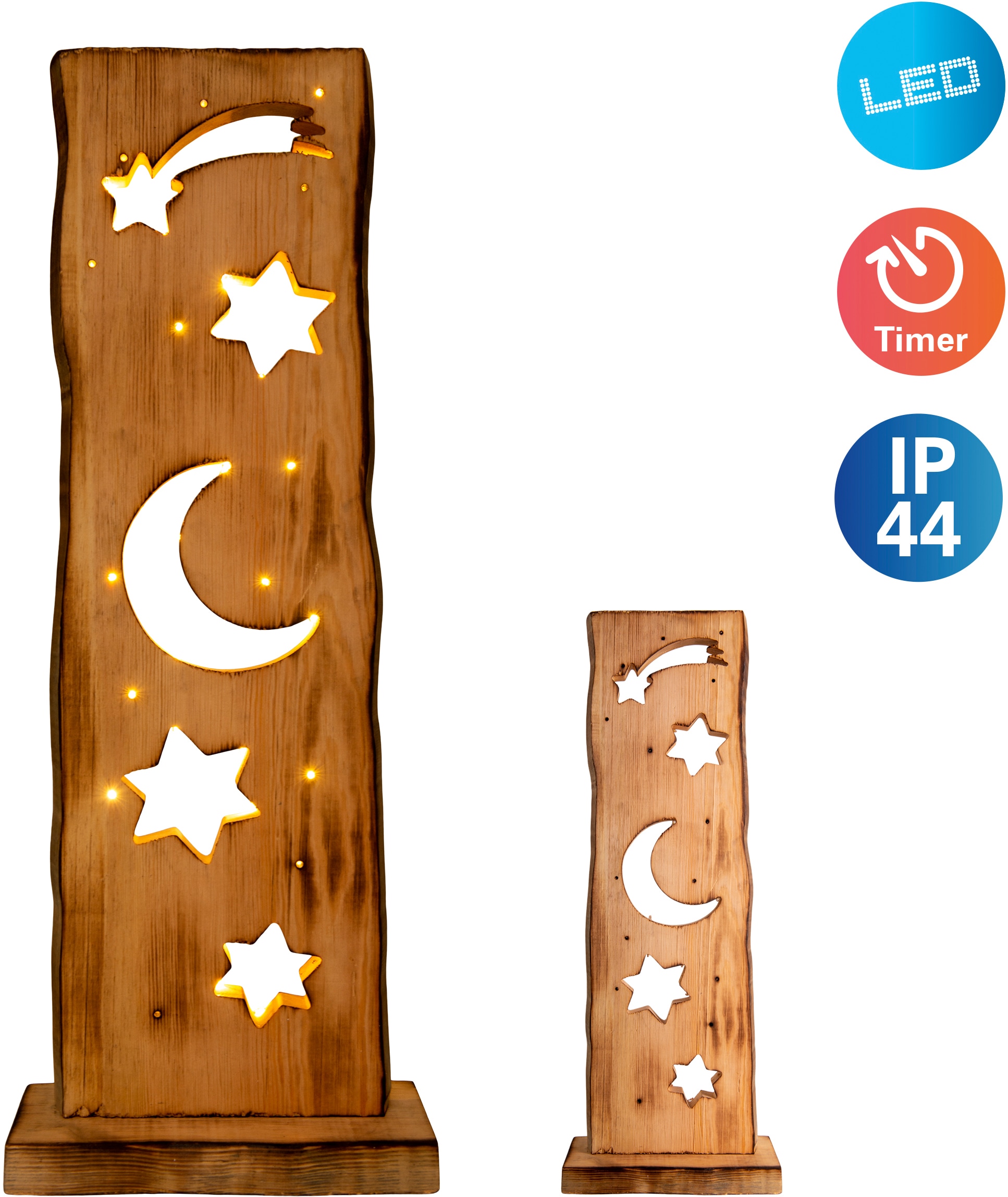 Dekoobjekt Holz LED 1 »Light aus), Rechnung kaufen näve (6h aus 18h Für geeignet, und an Aussenbereich flammig-flammig, auf Moon/Stars«, incl. Timer