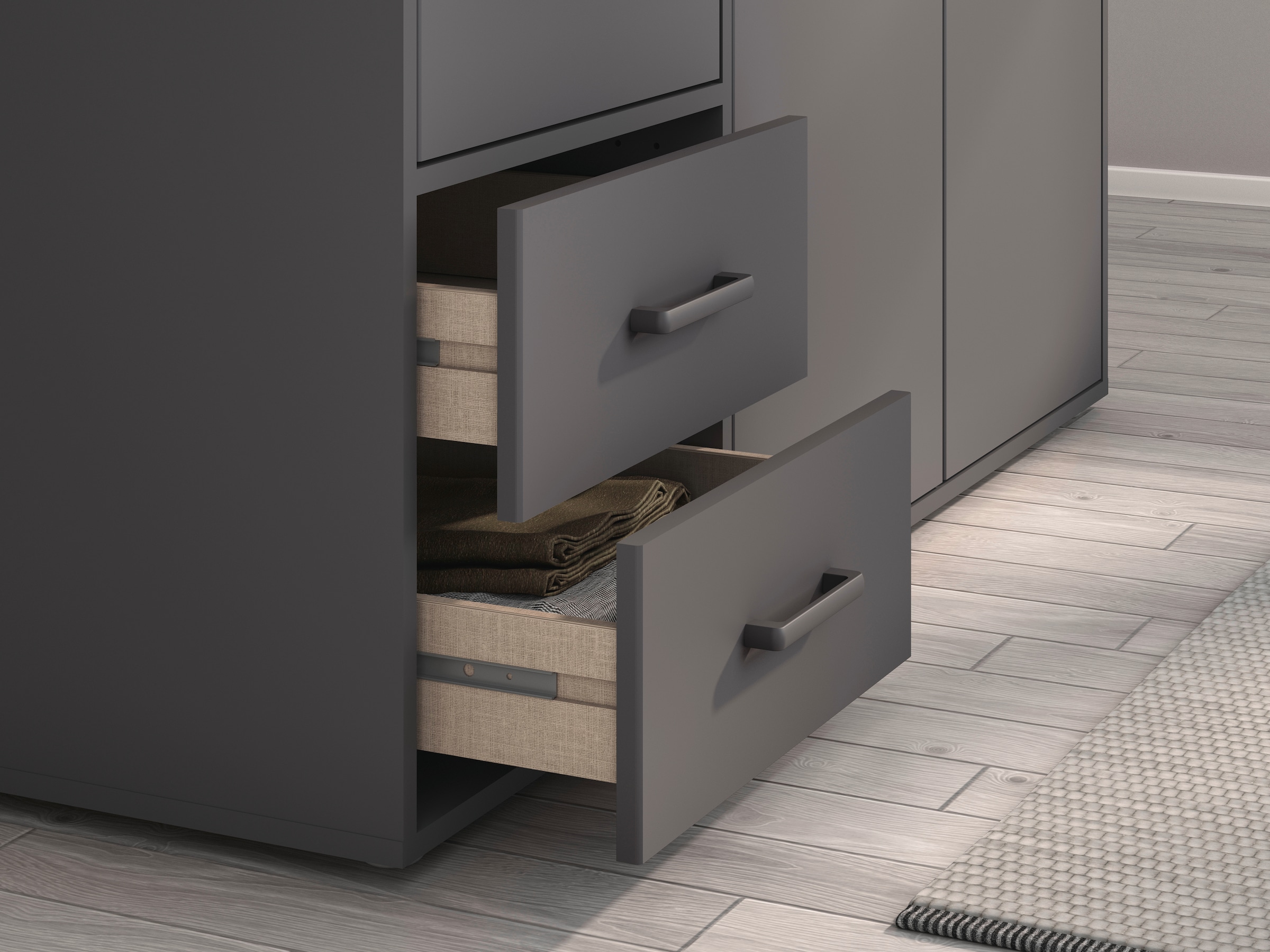 rauch Drehtürenschrank »Kleiderschrank Schrank Garderobe Wäscheschrank VOYAGER«, (in 3 verschiedenen Ausstattungen BASIC/CLASSIC/PREMIUM), mit modernen Griffen in Graumetallic, inkl. Schubkästen und Spiegel