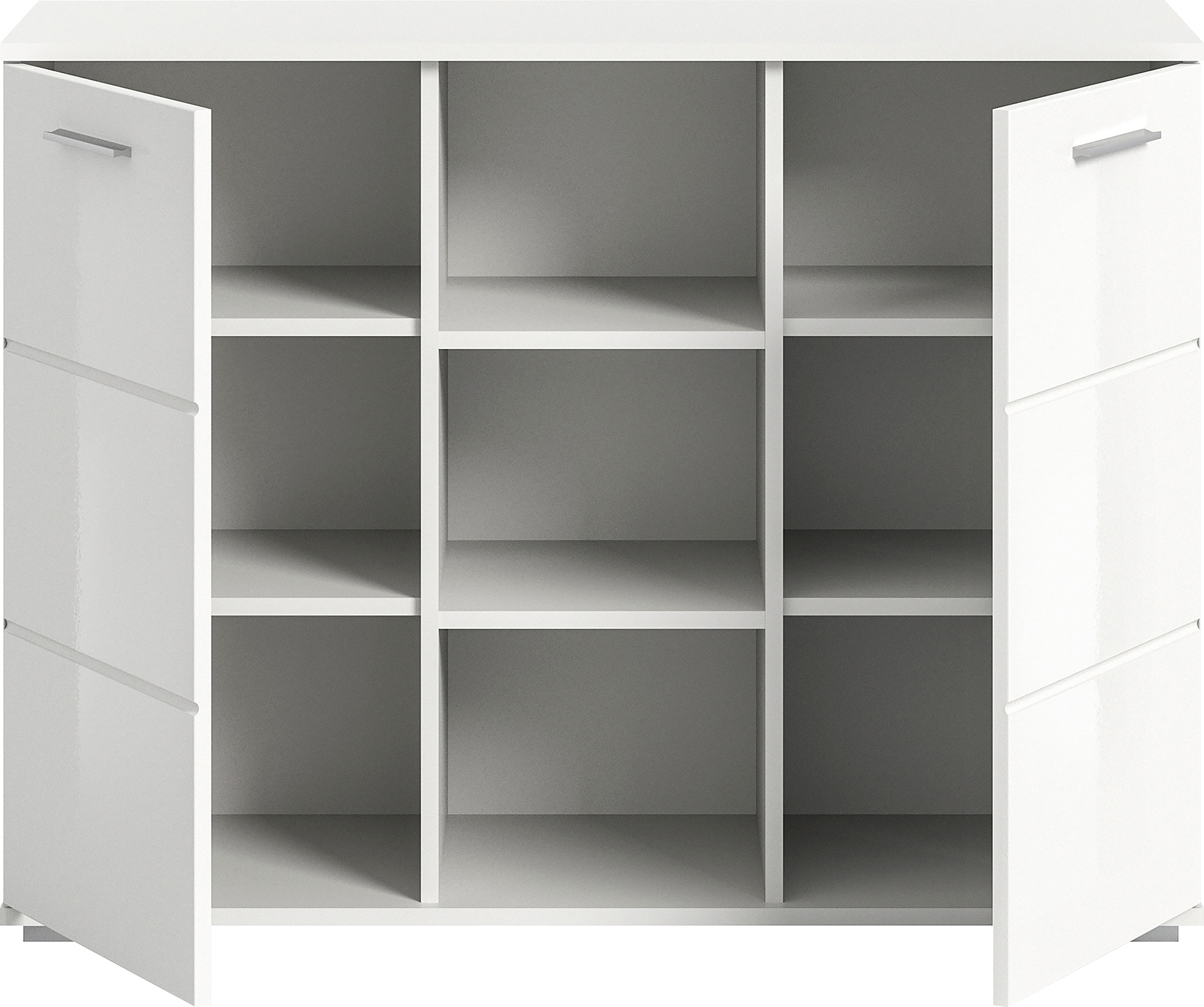 INOSIGN Sideboard »Valge, Breite 110 cm, 2 Türen, 4 verstellbare Böden, 3 offene Fächer«, Front-Rillenfräsung, Schuhkommode, Anrichte, Schrank, Kommode