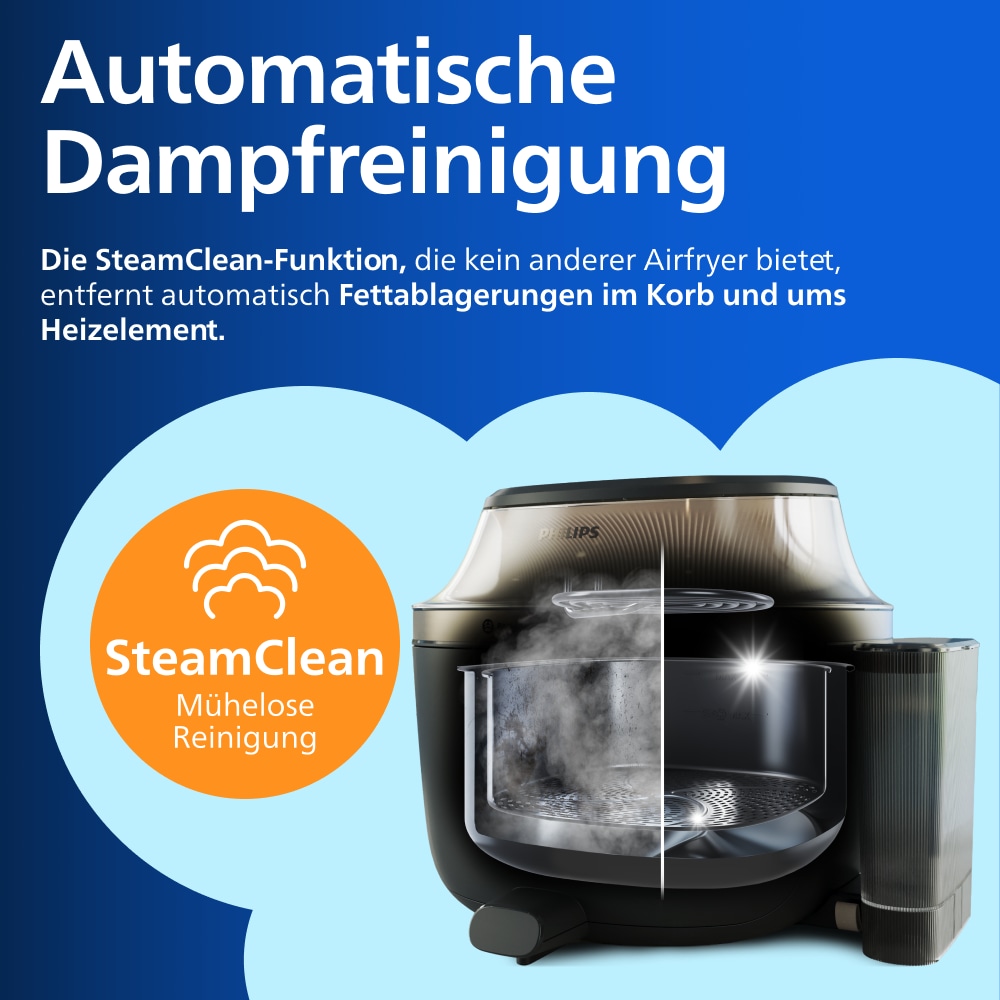 Philips Heißluftfritteuse »NA547/07 Steam Airfryer 5000 Series mit EasySlide, 7,2L Kapazität« 2000 W mit Dampfgarfunktion u. RapidAir Plus Technologie; Schwarz/Gold