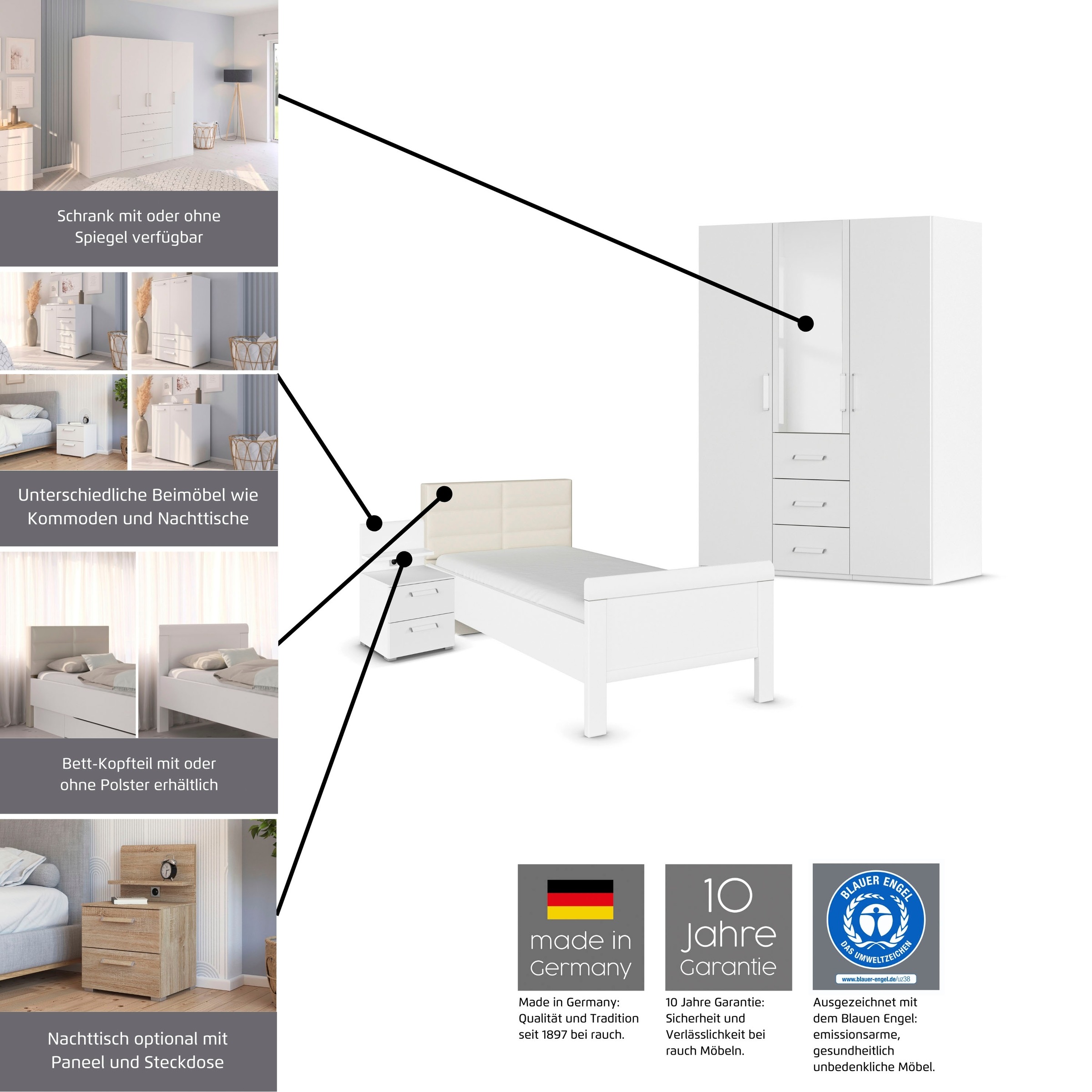 rauch Schlafzimmer-Set »Komplettschlafzimmer Schlafzimmer EVELYN«, (Set, 3 tlg.), Schrank und Bett in 2 Breiten, Nachttisch mit Paneel MADE IN GERMANY