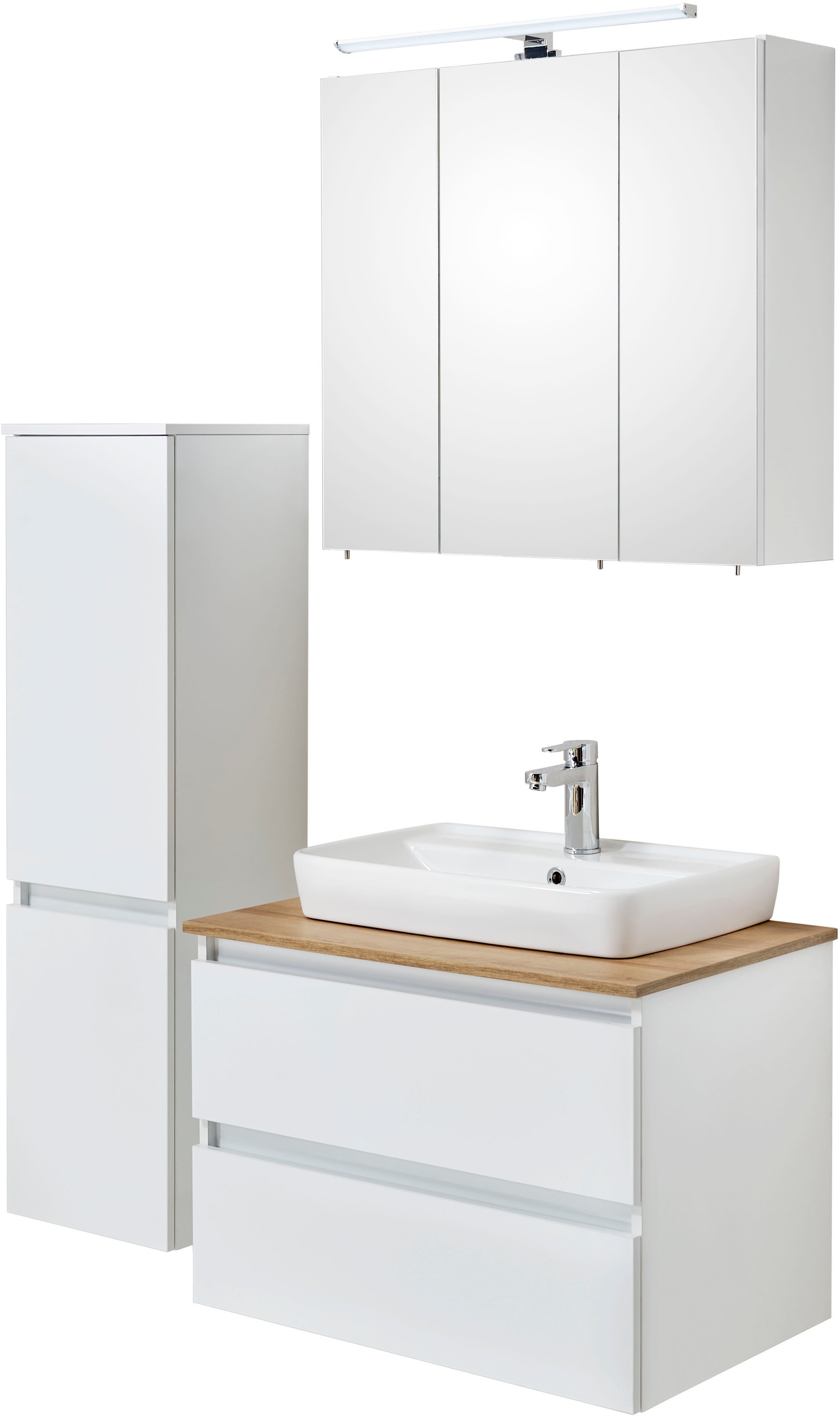 Saphir Badmöbel-Set »Quickset 360 3-teilig, Keramik-Aufsatzbecken mit LED-Spiegelschrank«, (5 St.), mit Midischrank, 5 Türen, 2 Schubladen, inkl. Türdämpfer