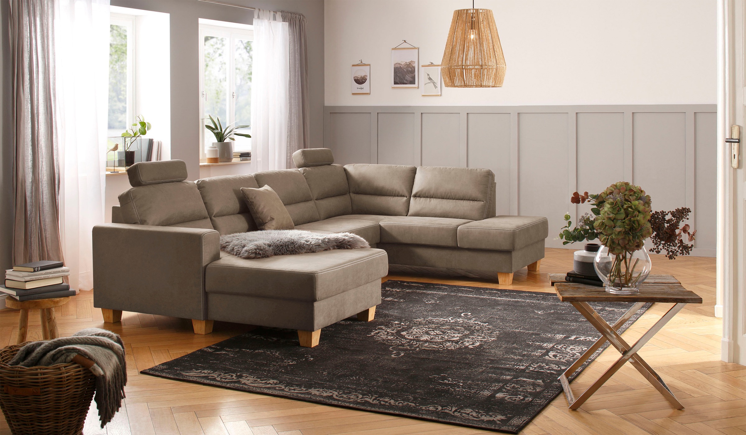 Home affaire Wohnlandschaft »Navan, U-Form«, wahlweise mit Bettfunktion und Kopfstütze