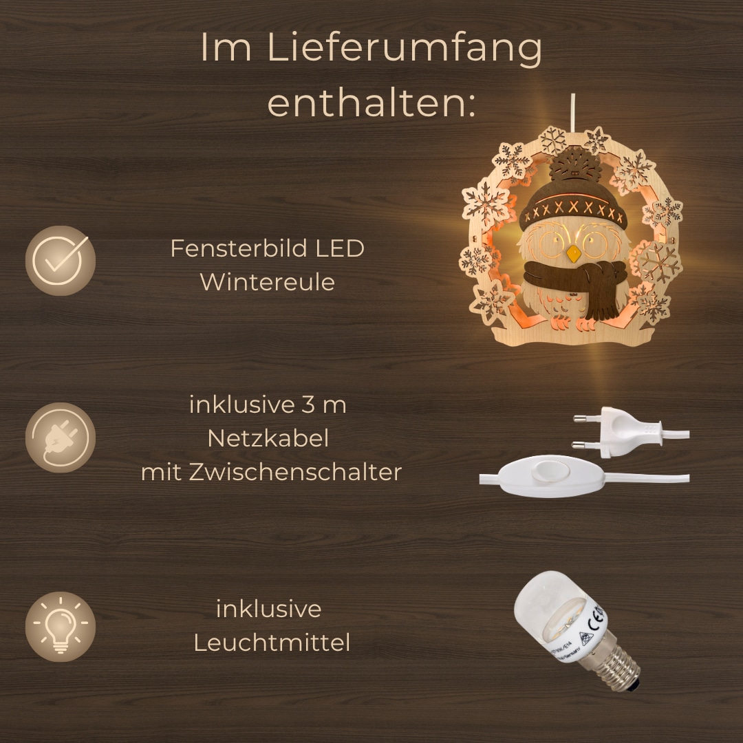 Weigla LED Dekolicht »Wintereule, beleuchtetes Fensterbild, NATUR-BRAUN« E14 Holzkunst aus dem Erzgebirge