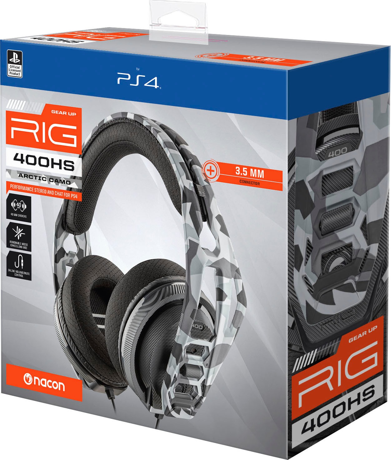 nacon Gaming-Headset »Nacon RIG 400HS Gaming-Headset, Camo-schwarz, 3,5 mm Klinke«, Mikrofon abnehmbar, kabelgebunden, Stereo, Over Ear, PC, Mac, PS4-Lizenz