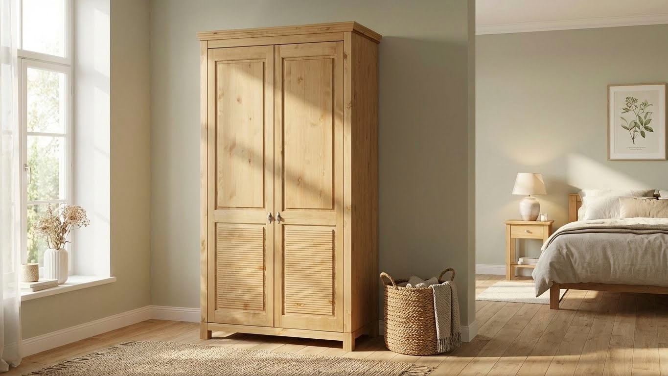 OTTO home Kleiderschrank »Rauna, mit Lamellen und Kassetten, klassischer Landhausstil, rustikal« 2 Breiten: 113/159 cm H/T ca. 195/60 cm,  massive Kiefer, Metallgriffe, mehrere Varianten, zeitloses Design