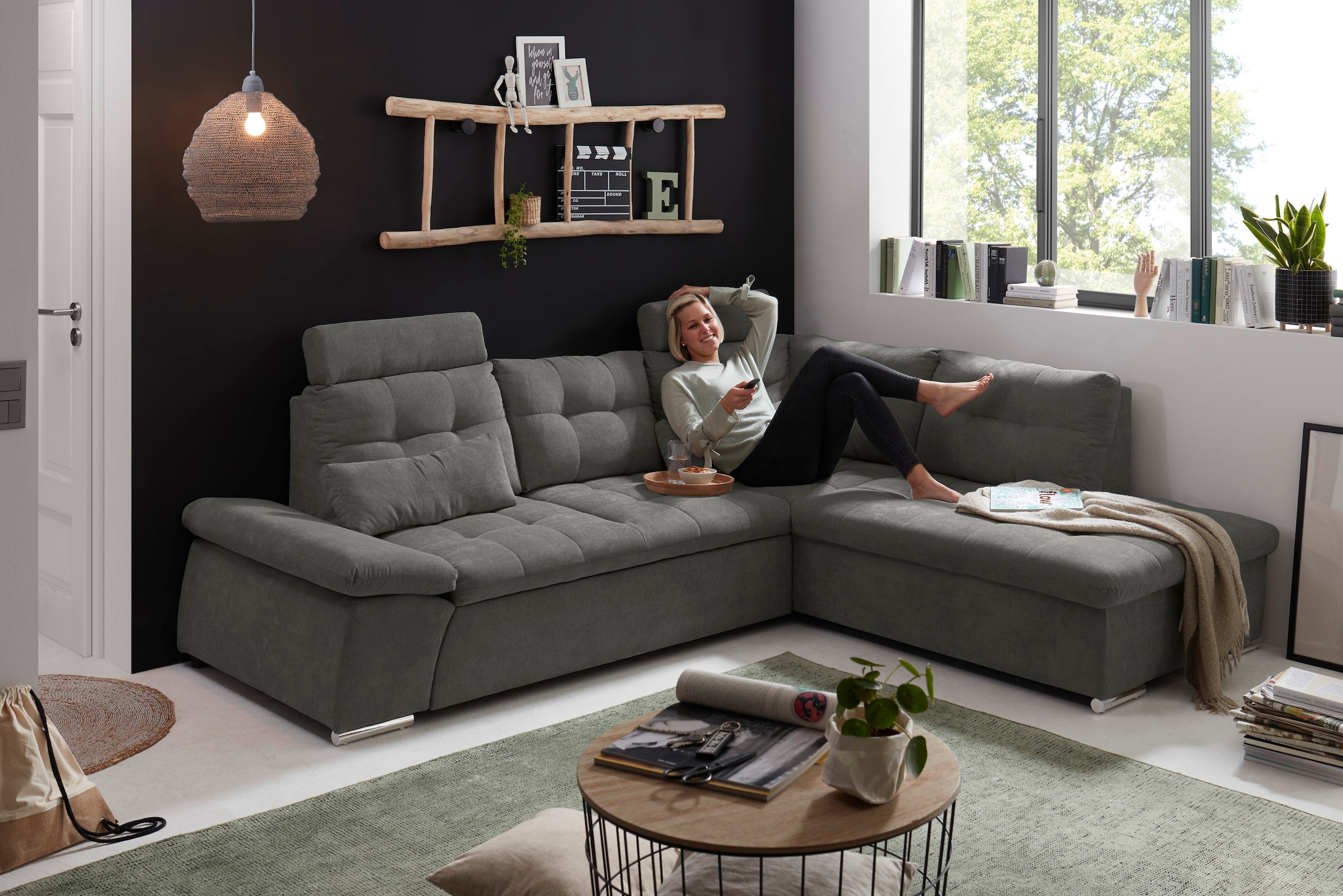 ED EXCITING DESIGN Ecksofa »Nalo L-Form« mit Bettfunktion, Armteilverstellung, Kopfstützen & 2 Nierenkissen