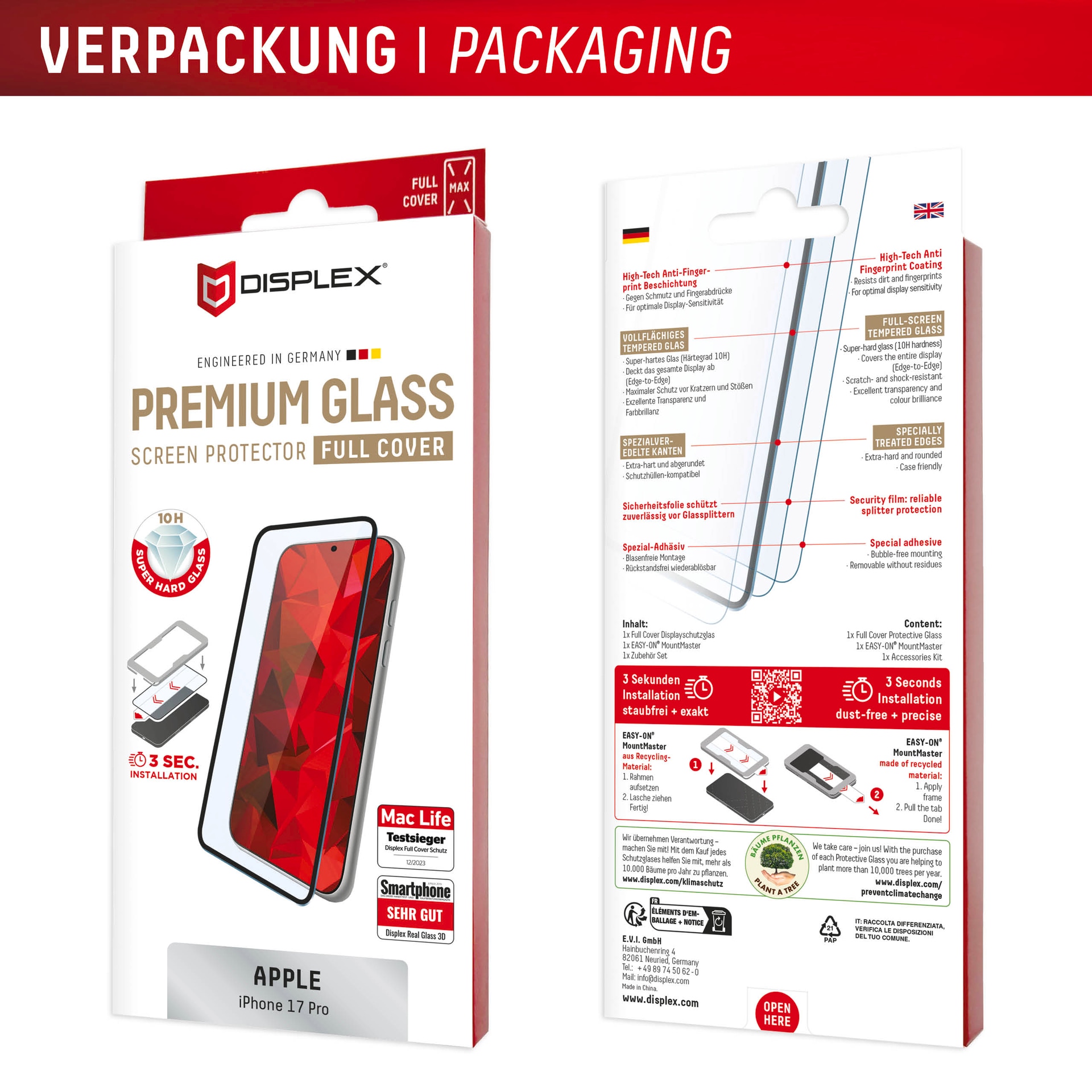 Displex Displayschutzglas »Premium Glass Screen Protector mit EASY-ON MountMaster« für Apple iPhone 17 Pro Displayschutzfolie, Schutzfolie, Bildschirmschutz, kratz- & stoßfest