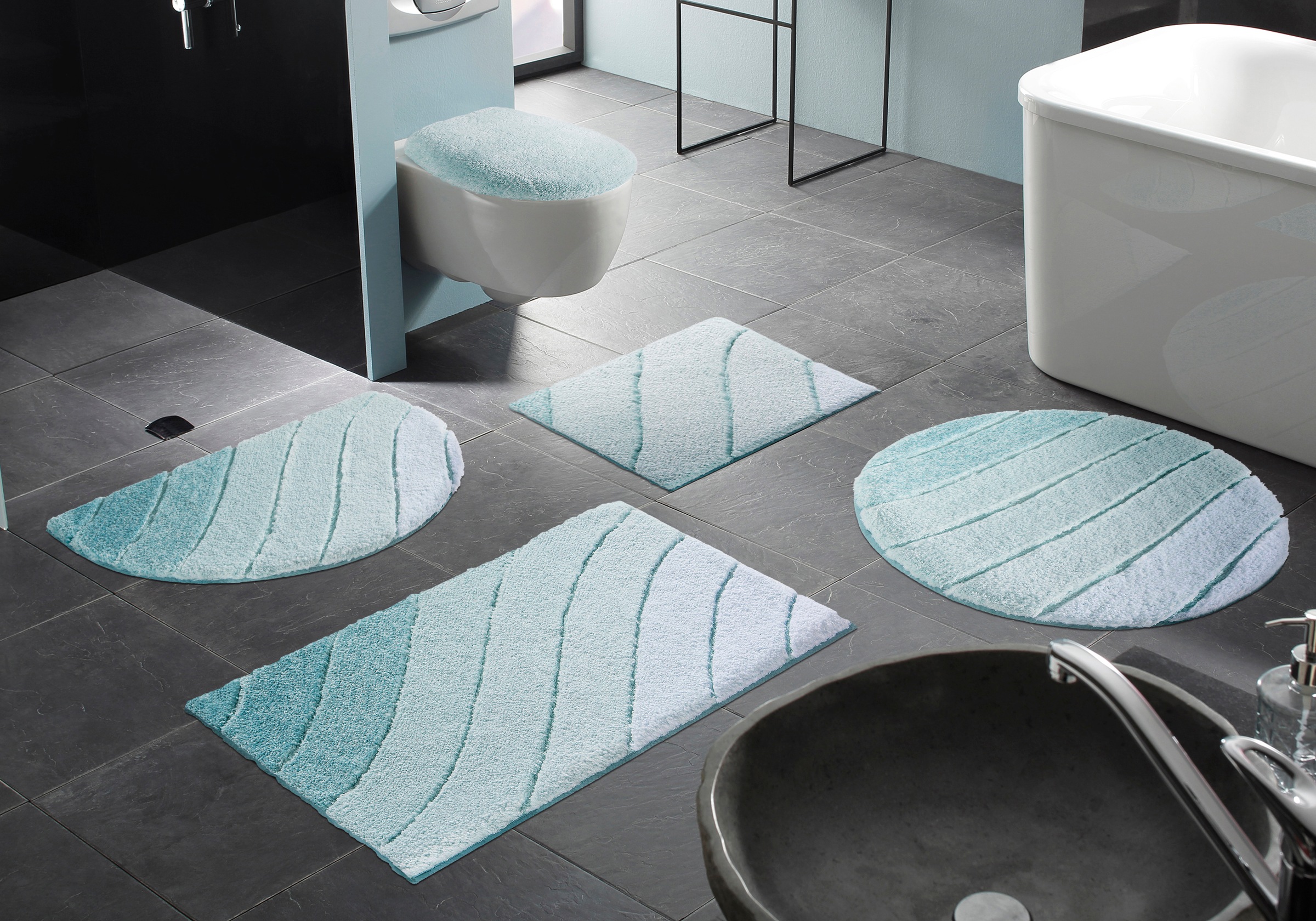 Kleine Wolke Badematte »Donna«, rutschhemmend beschichtet, fußbodenheizungsgeeignet-schnell trocknend, Wellen Design, Pastell, 3-tlg. Set, rechteckig & rund erhältlich