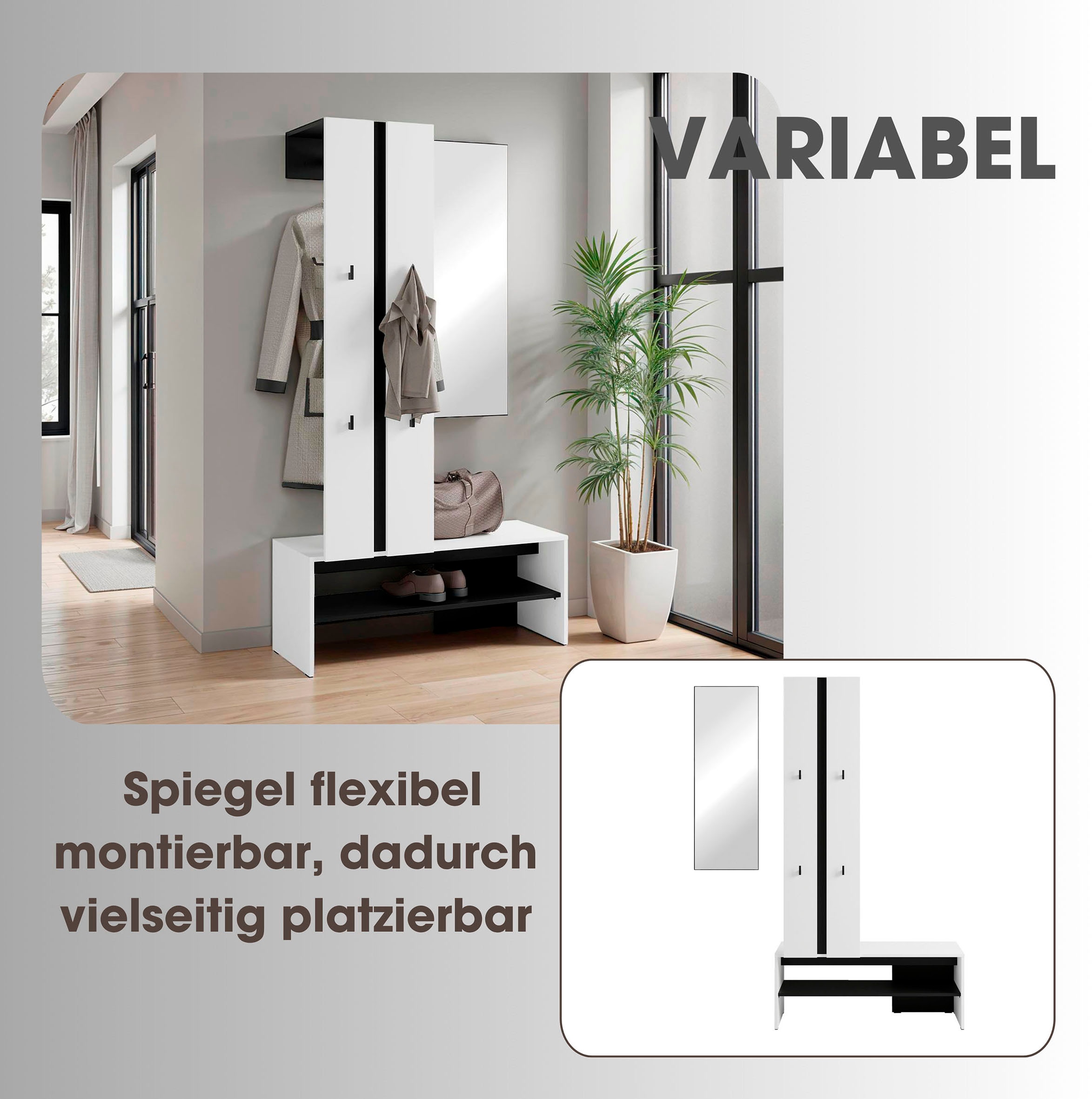 byLIVING Kompaktgarderobe »Dielen - Set Nante«, (2 St.), maximale Ordnung auf wenig Fläche mit Spiegel, Kleiderstange und Haken