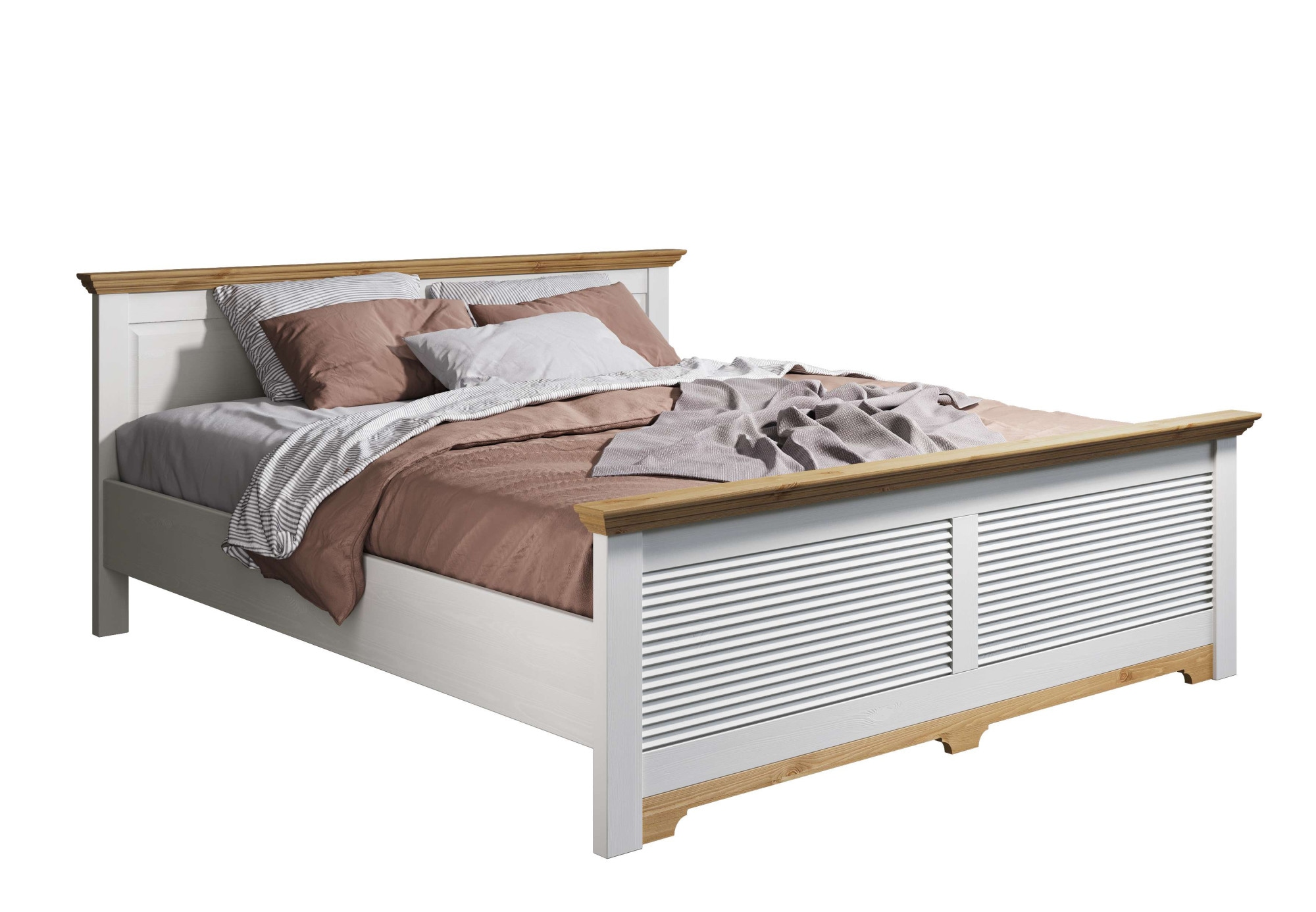 Home affaire Bett »Rauna, Landhausstil, edles Design mit Lamellen und Kassetten, 2 Farben«, (Breite/Belastbarkeit 180cm=220 KG, 90cm=120KG), FSC® zertifiziertes Kieferholz, massive Qualität mit Lattenrost