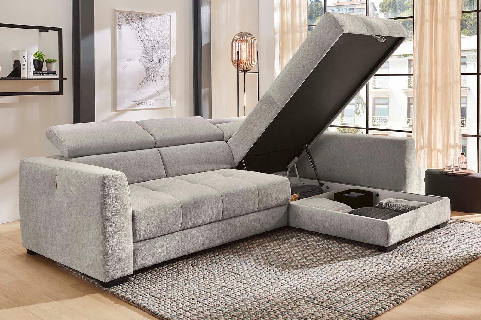 Jockenhöfer Gruppe Ecksofa »San Marino L-Form«, mit elektromotorischer Sitztiefenverstellung (ca. 30cm), Bettkasten